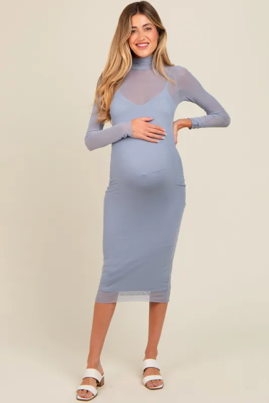 Blue Mesh Overlay Fitted Maternity Midi Dress sold by Pinkblush