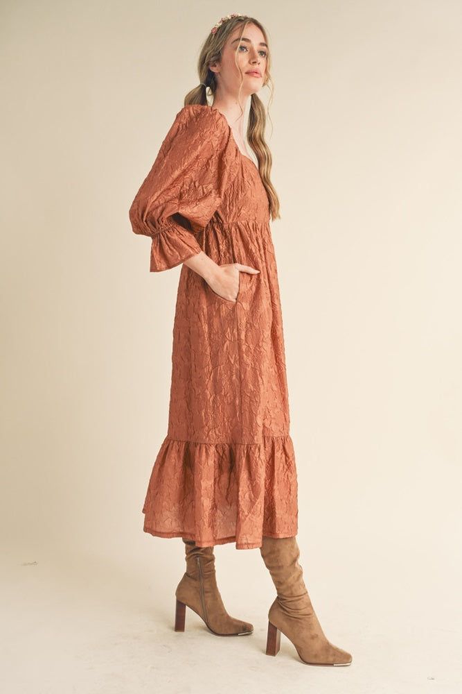 Rust Metallic Jacquard Floral Midi Dress sold by Pinkblush product image thumbnail 2