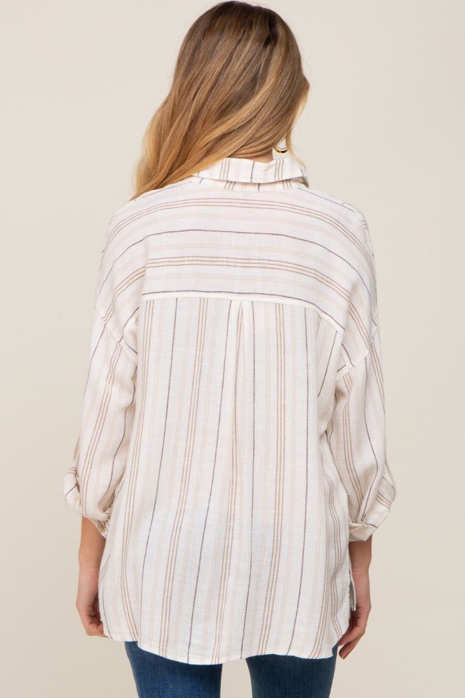 Ivory Mocha Striped Maternity Linen Button Down Shirt sold by Pinkblush product image thumbnail 3
