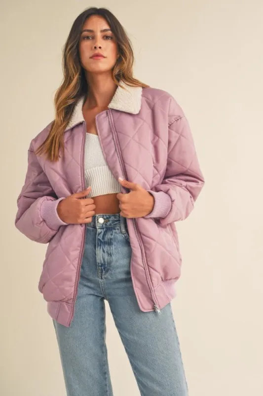 Lavender Quilted Sherpa Collar Jacket sold by Pinkblush