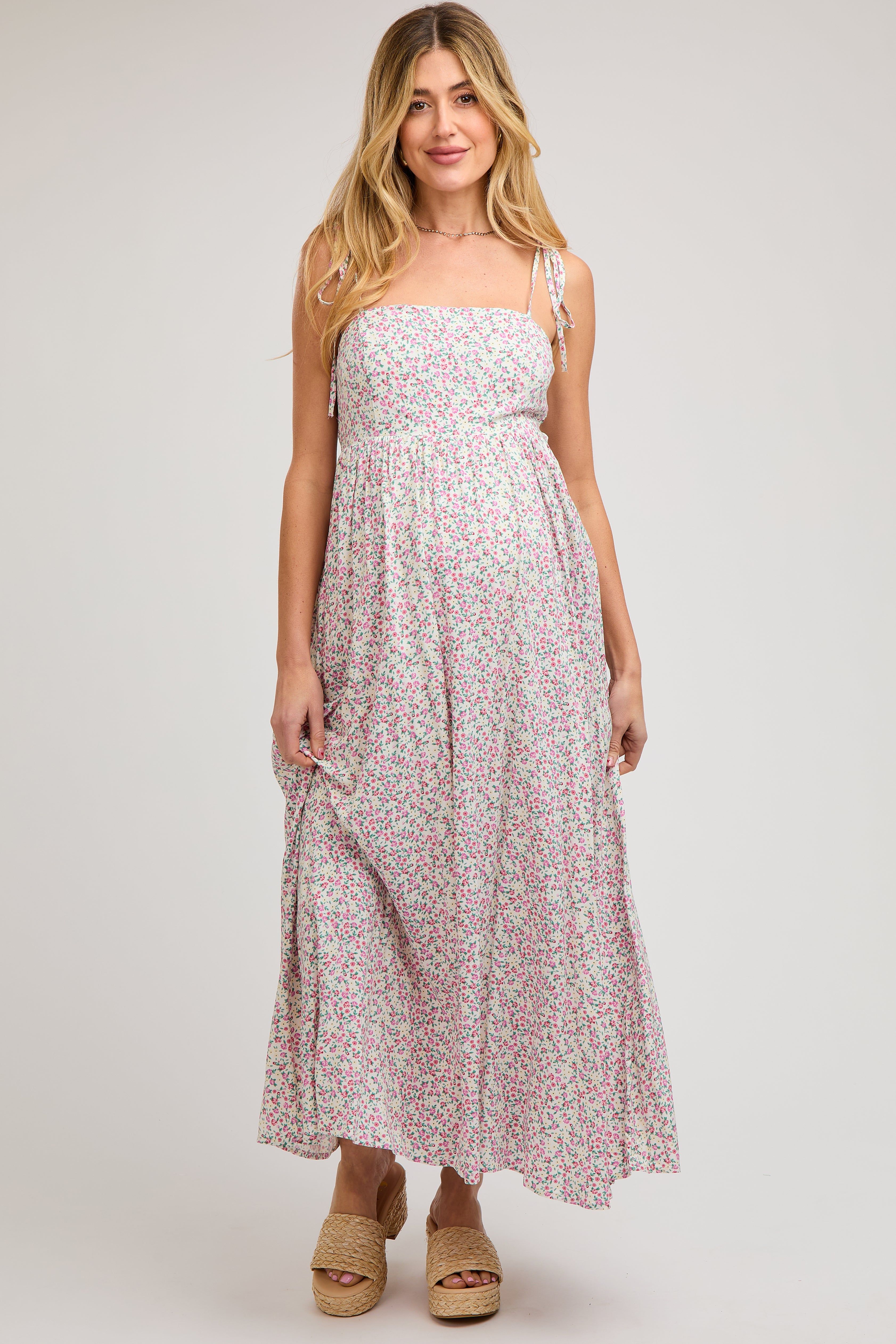 Cream Floral Sleeveless Pocketed Maternity Maxi Dress sold by Pinkblush product image thumbnail 2
