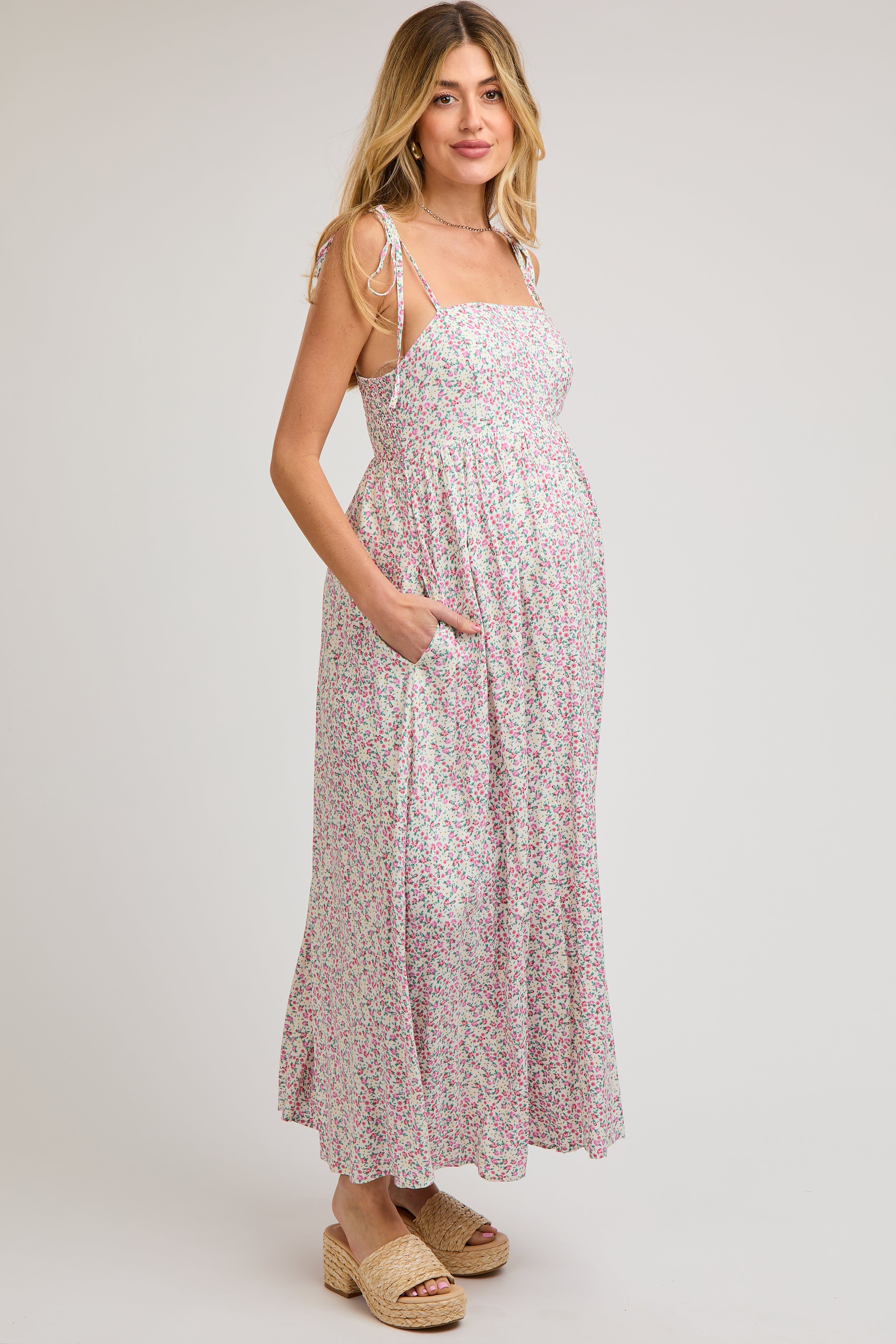 Cream Floral Sleeveless Pocketed Maternity Maxi Dress sold by Pinkblush product image thumbnail 3