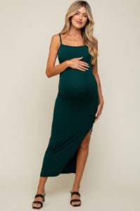Forest Green Ribbed Side Slit Maternity Midi Dress sold by Pinkblush