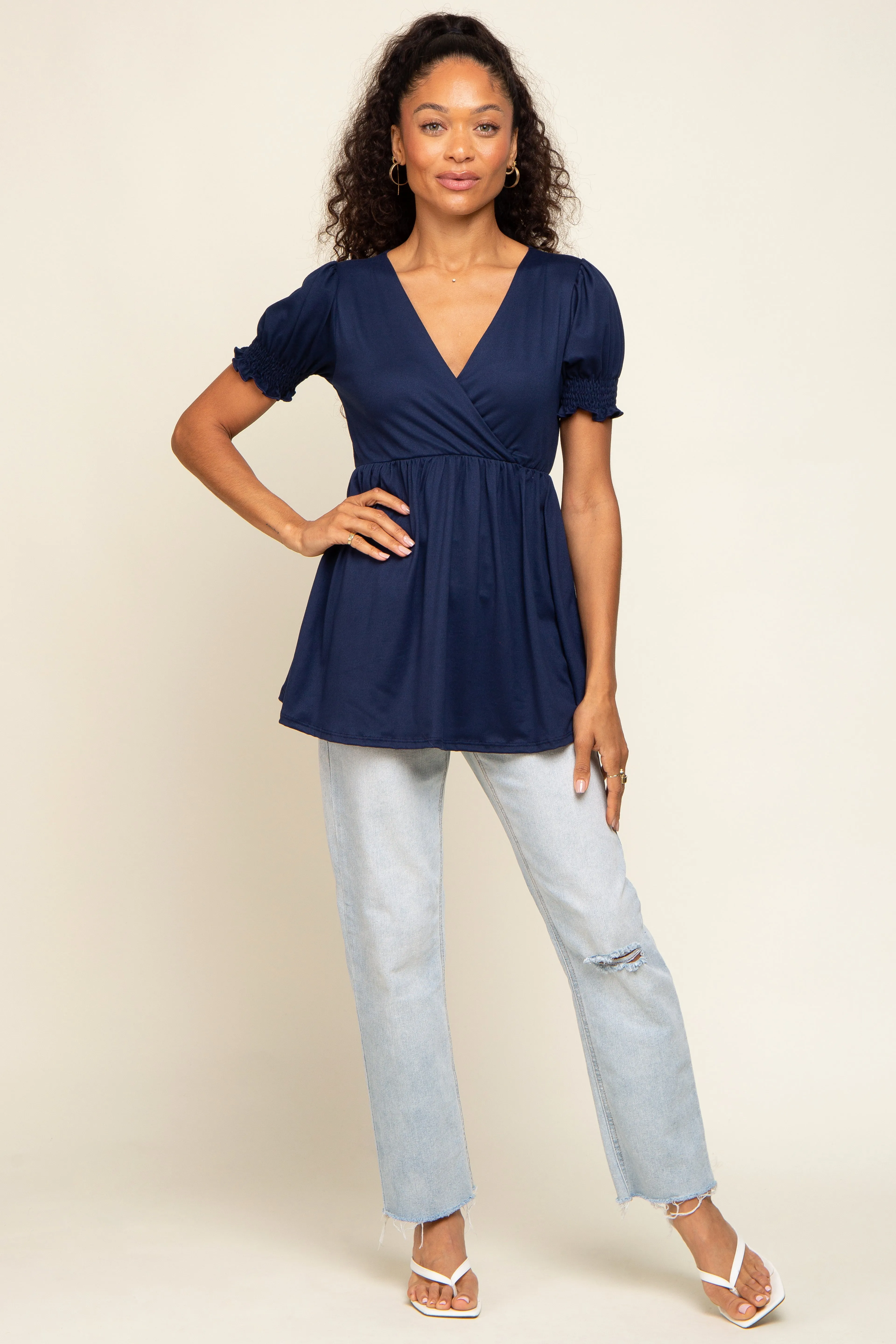 Navy Puff Sleeve Crossover Nursing Top sold by Pinkblush product image thumbnail 4
