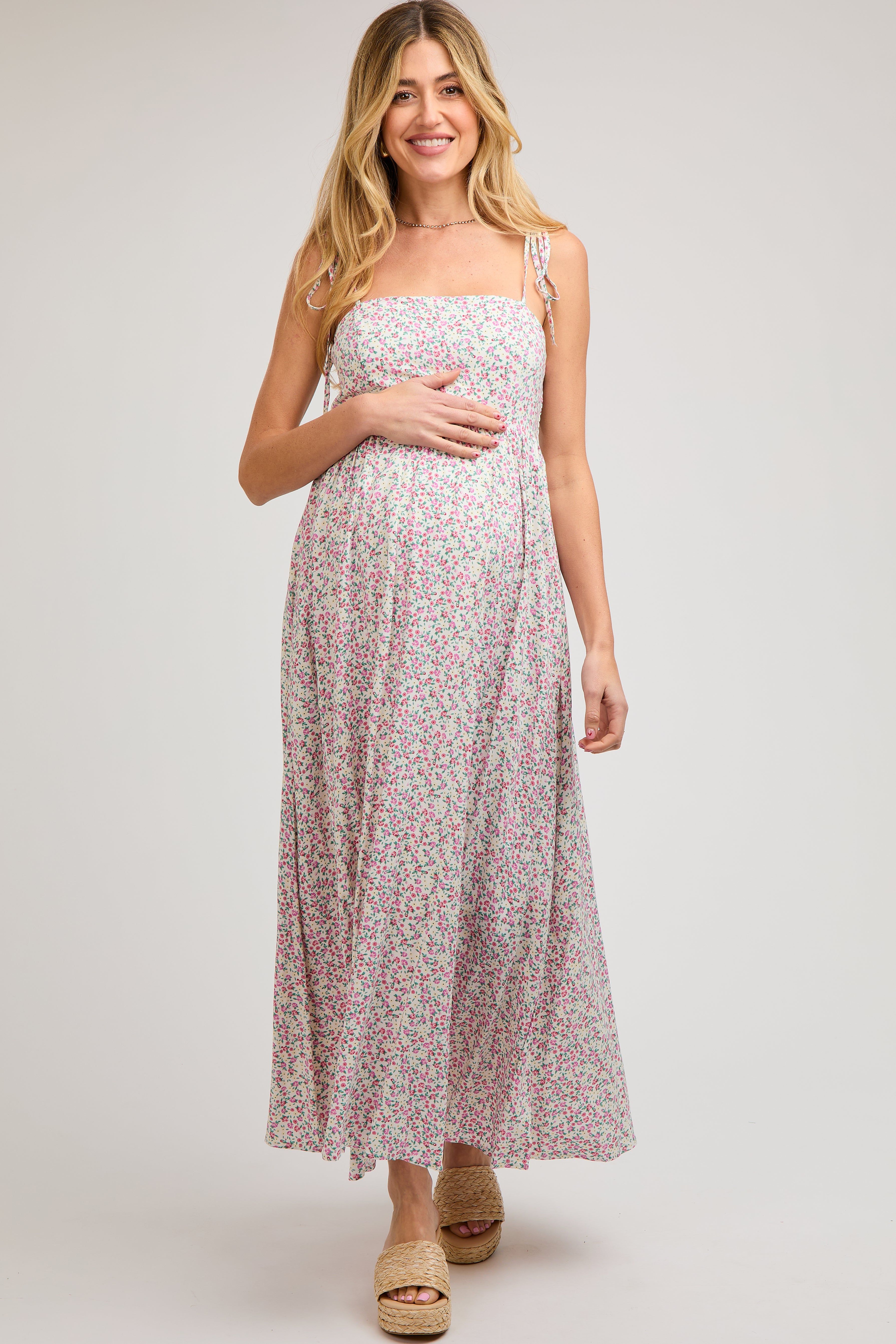Cream Floral Sleeveless Pocketed Maternity Maxi Dress sold by Pinkblush