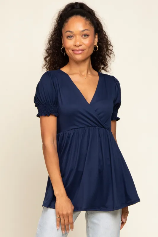 Navy Puff Sleeve Crossover Nursing Top sold by Pinkblush
