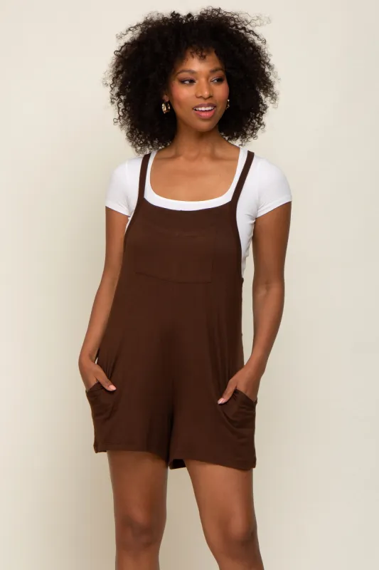 Mocha Front Pocket Overall Knit Romper sold by Pinkblush