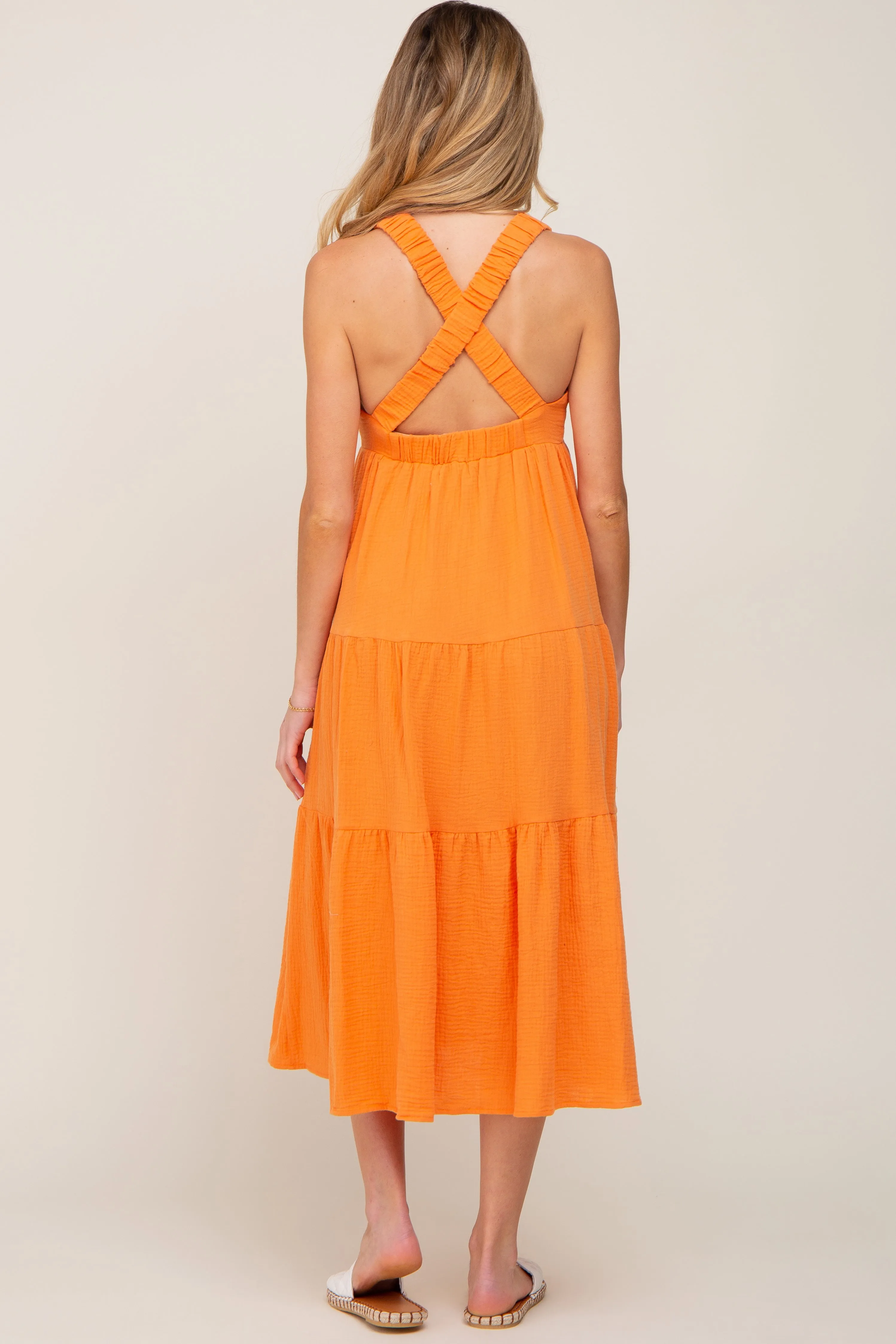 Neon Orange Tiered Crisscross Strap Maternity Midi Dress sold by Pinkblush product image thumbnail 4
