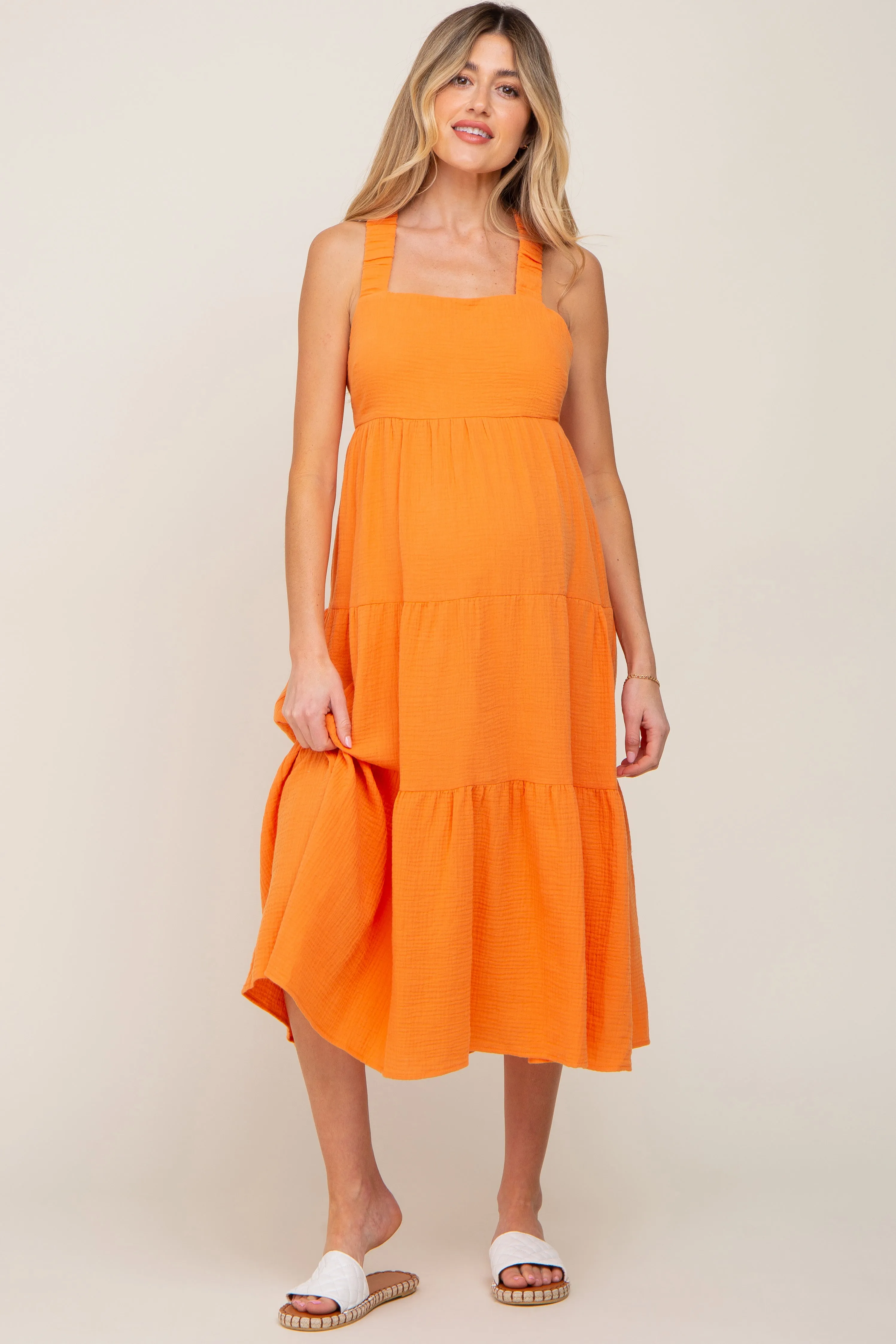 Neon Orange Tiered Crisscross Strap Maternity Midi Dress sold by Pinkblush