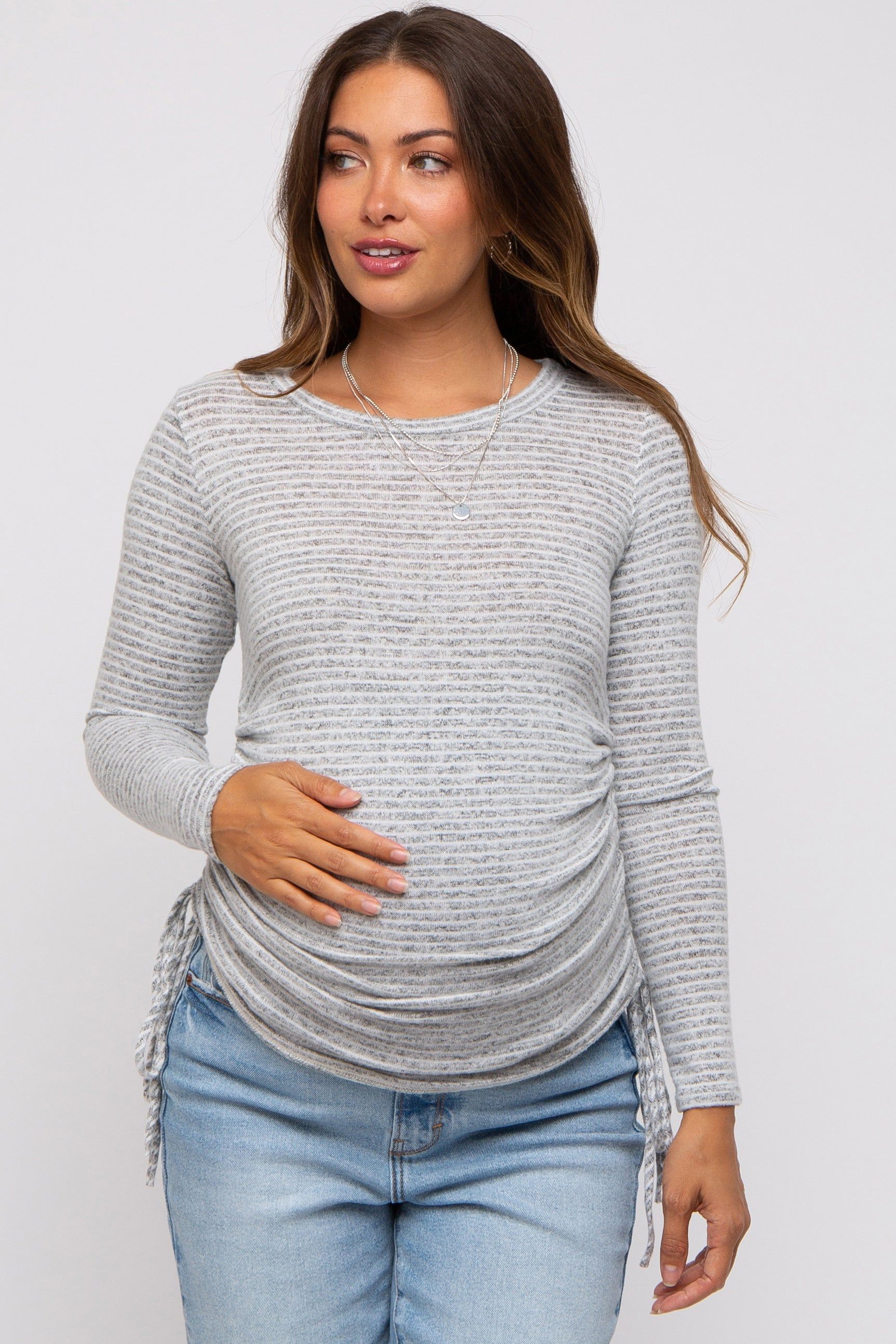 Heather Grey Striped Brushed Knit Ruched Maternity Top sold by Pinkblush