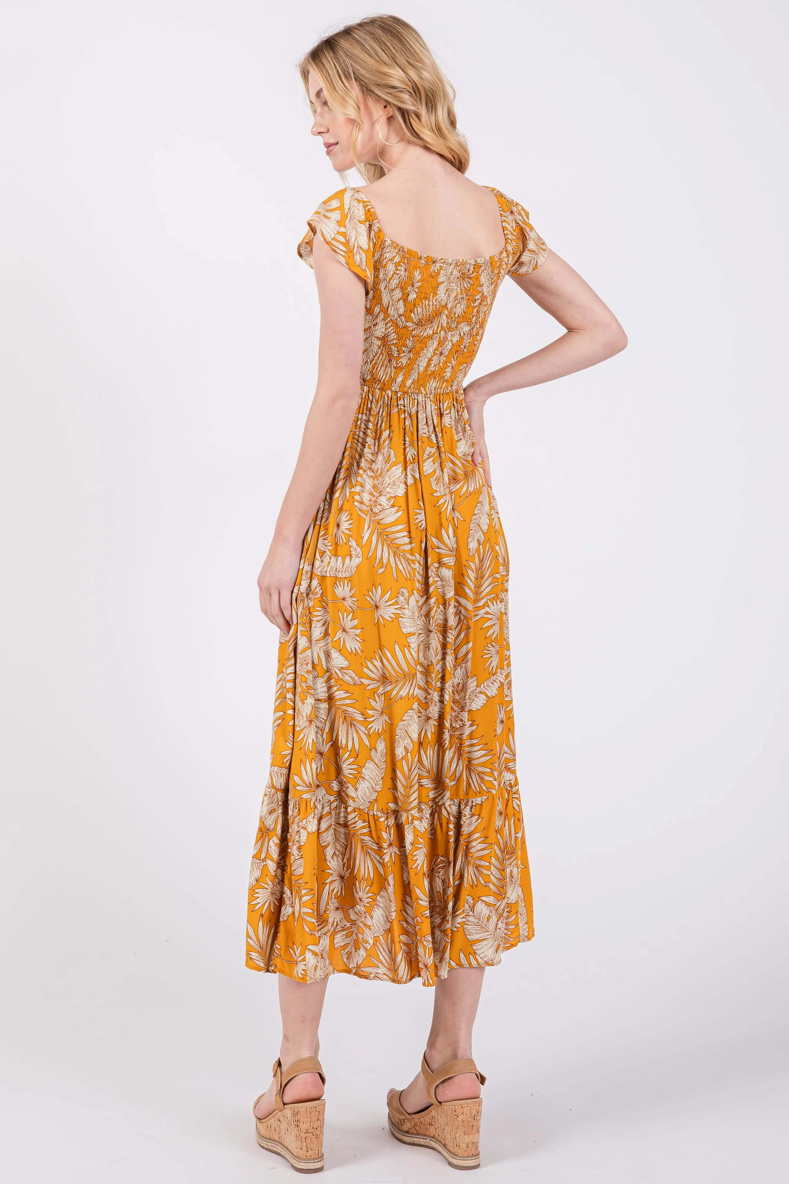 Yellow Tropical Print Smocked Short Sleeve Maxi Dress sold by Pinkblush product image thumbnail 3