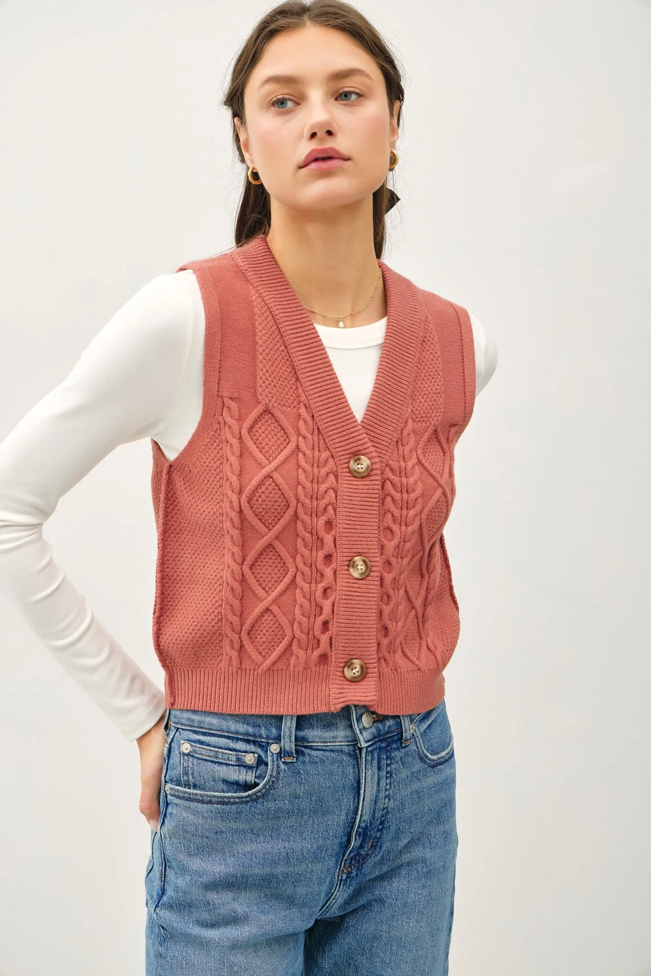 Poppy Cable Knit Sweater Button Down Vest sold by Pinkblush