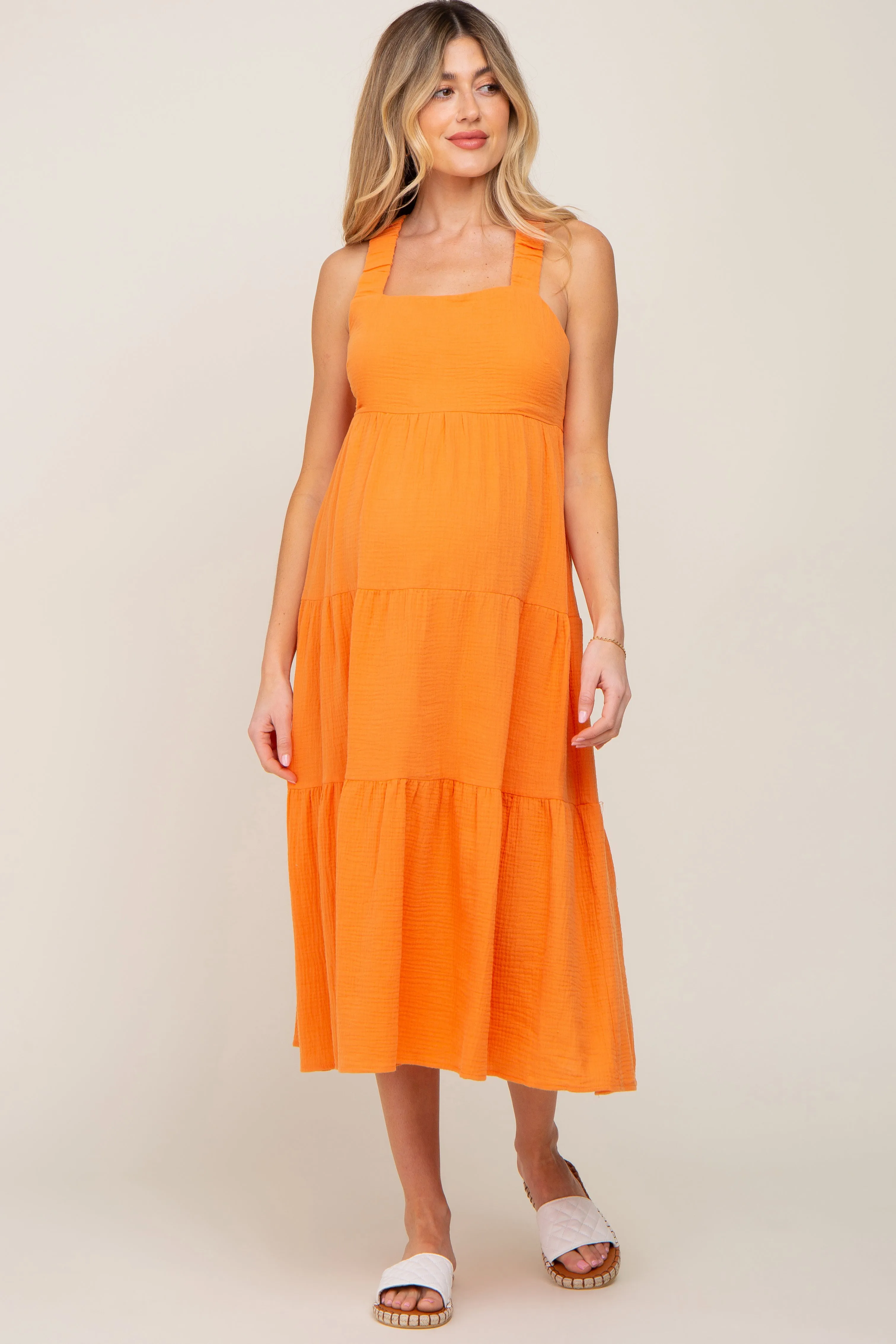 Neon Orange Tiered Crisscross Strap Maternity Midi Dress sold by Pinkblush product image thumbnail 5