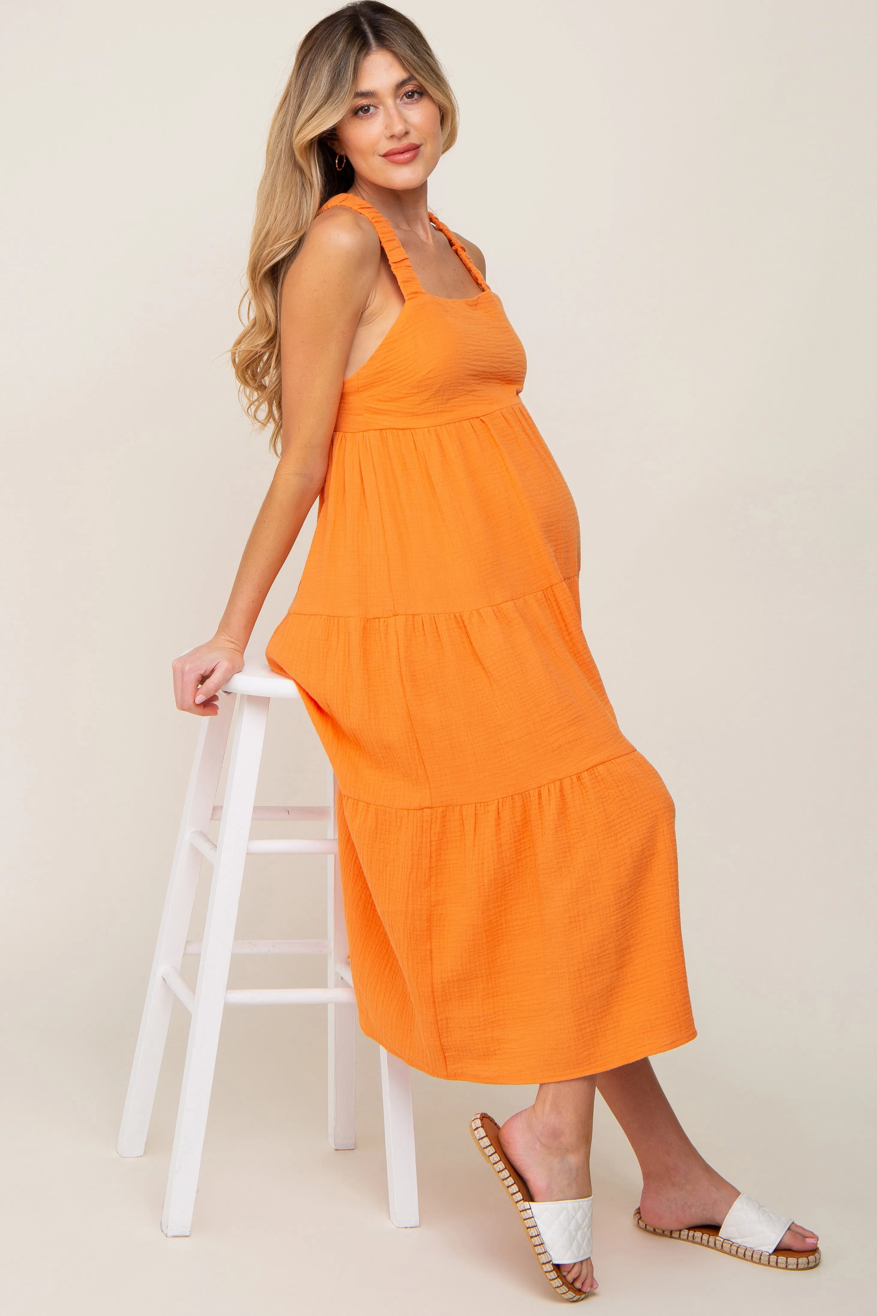 Neon Orange Tiered Crisscross Strap Maternity Midi Dress sold by Pinkblush product image thumbnail 2