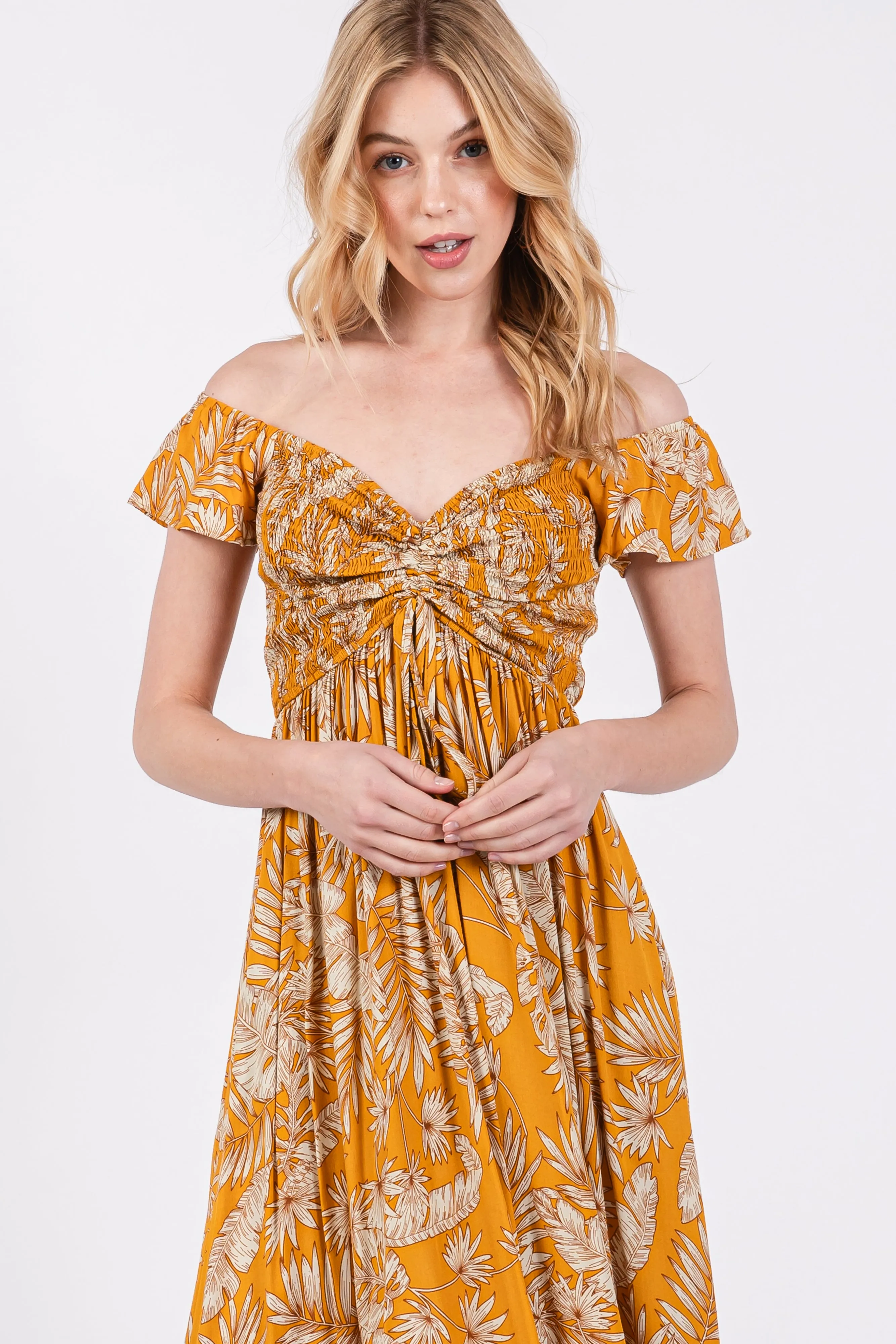 Yellow Tropical Print Smocked Short Sleeve Maxi Dress sold by Pinkblush product image thumbnail 4