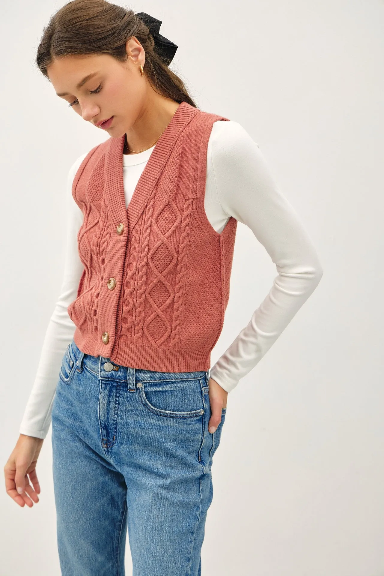 Poppy Cable Knit Sweater Button Down Vest sold by Pinkblush product image thumbnail 2