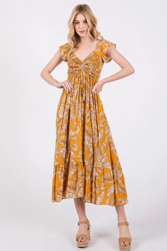 Yellow Tropical Print Smocked Short Sleeve Maxi Dress sold by Pinkblush