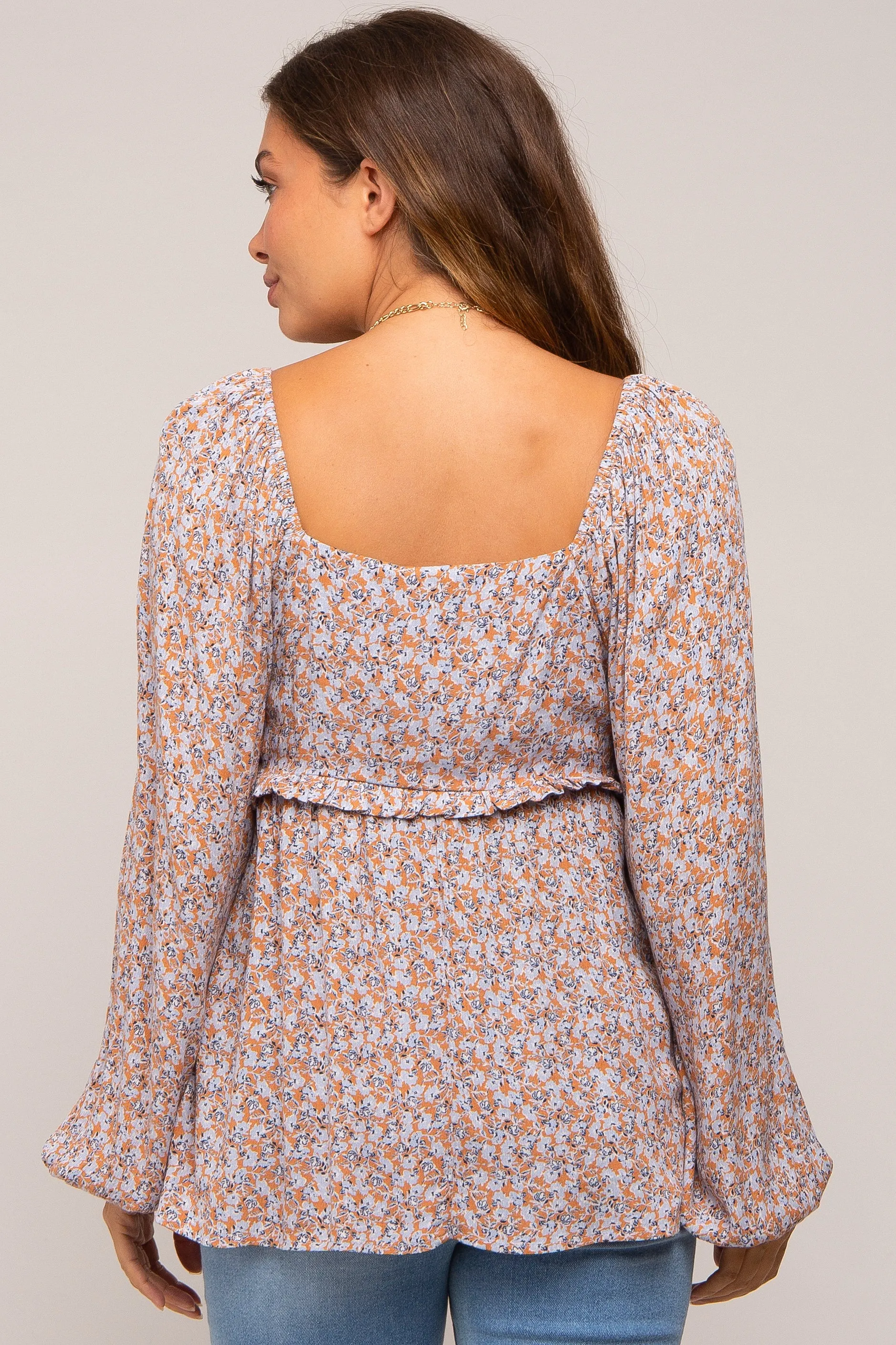 Rust Floral Smocked Front Tie Long Sleeve Maternity Top sold by Pinkblush product image thumbnail 3