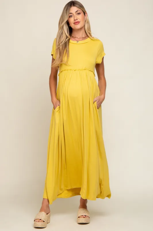 Yellow Short Sleeve Pocketed Maternity Maxi Dress sold by Pinkblush