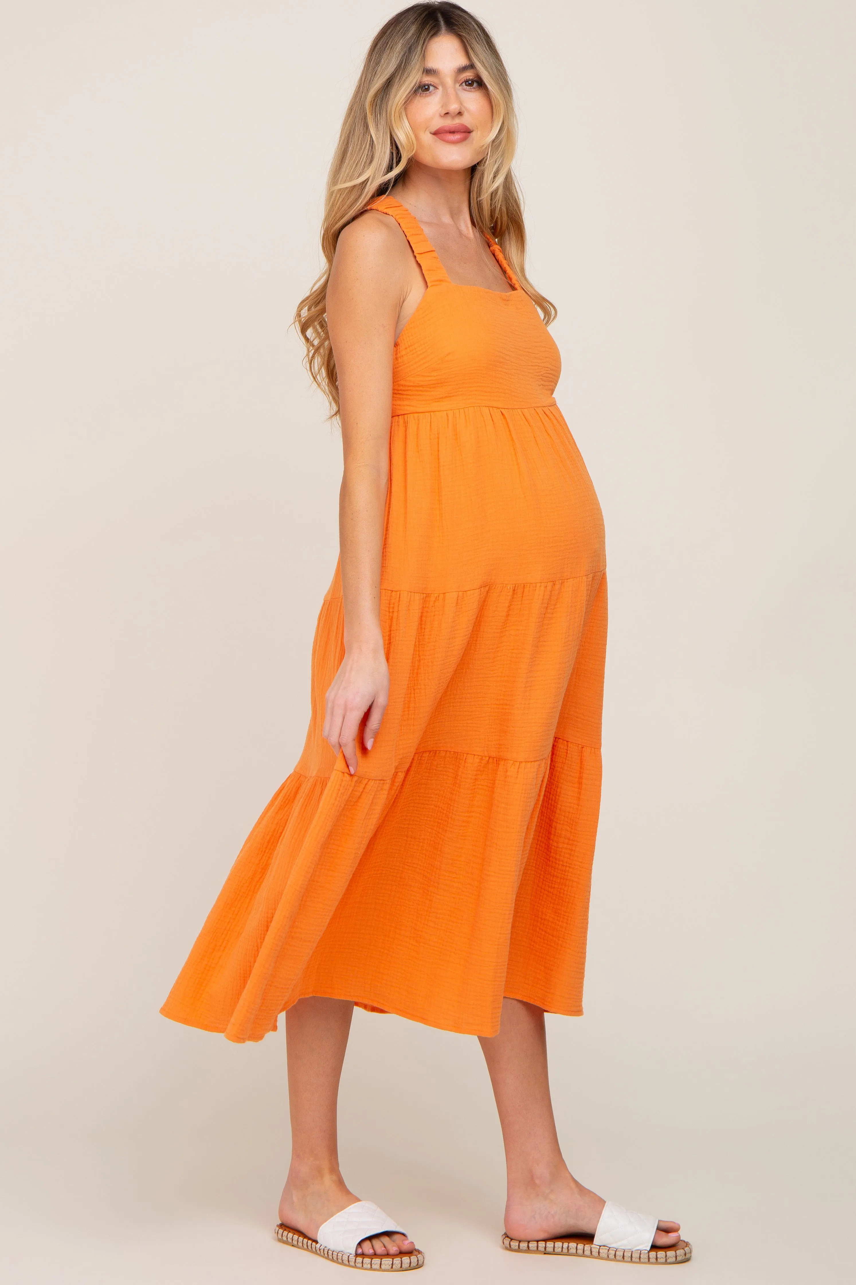 Neon Orange Tiered Crisscross Strap Maternity Midi Dress sold by Pinkblush product image thumbnail 3