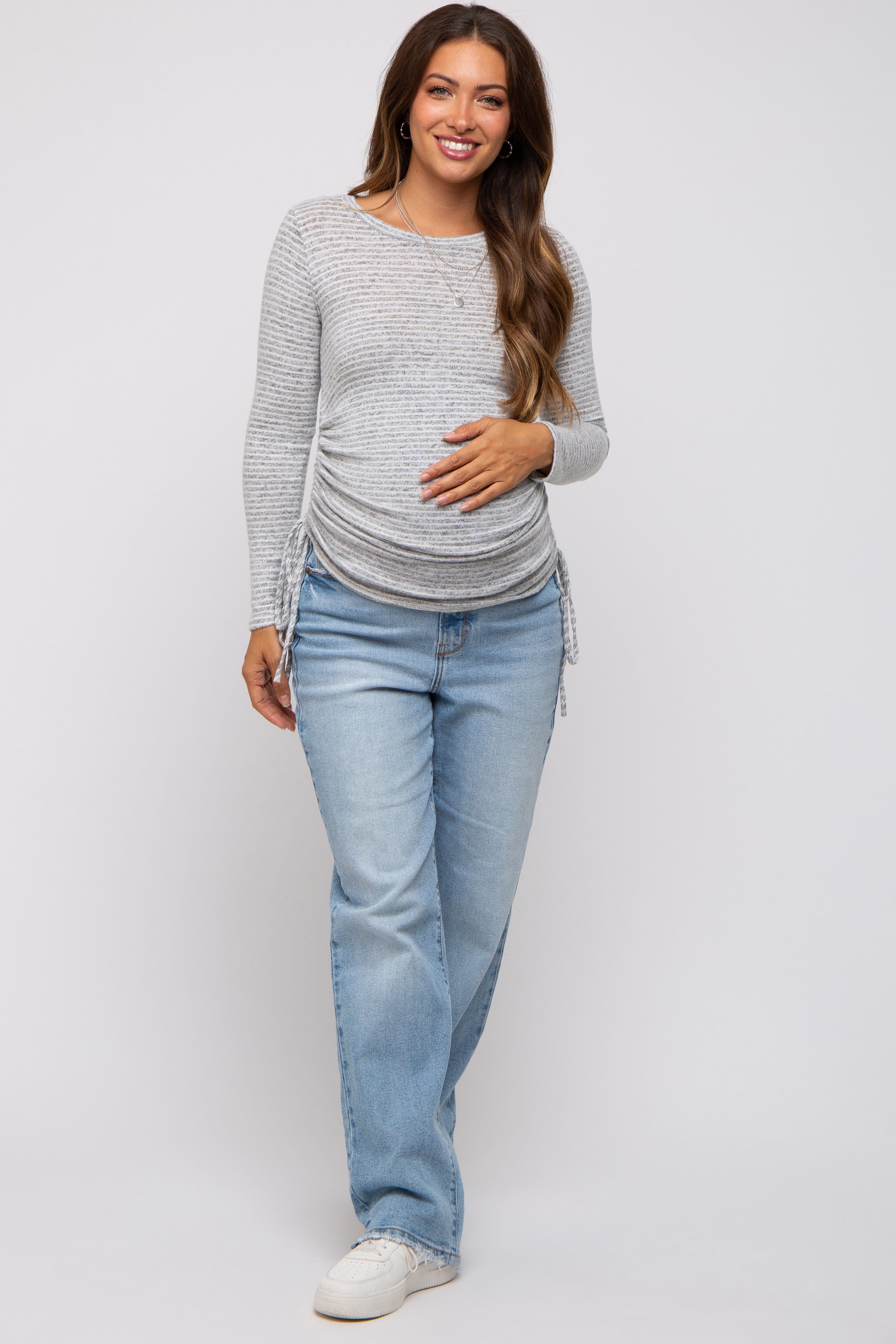 Heather Grey Striped Brushed Knit Ruched Maternity Top sold by Pinkblush product image thumbnail 3