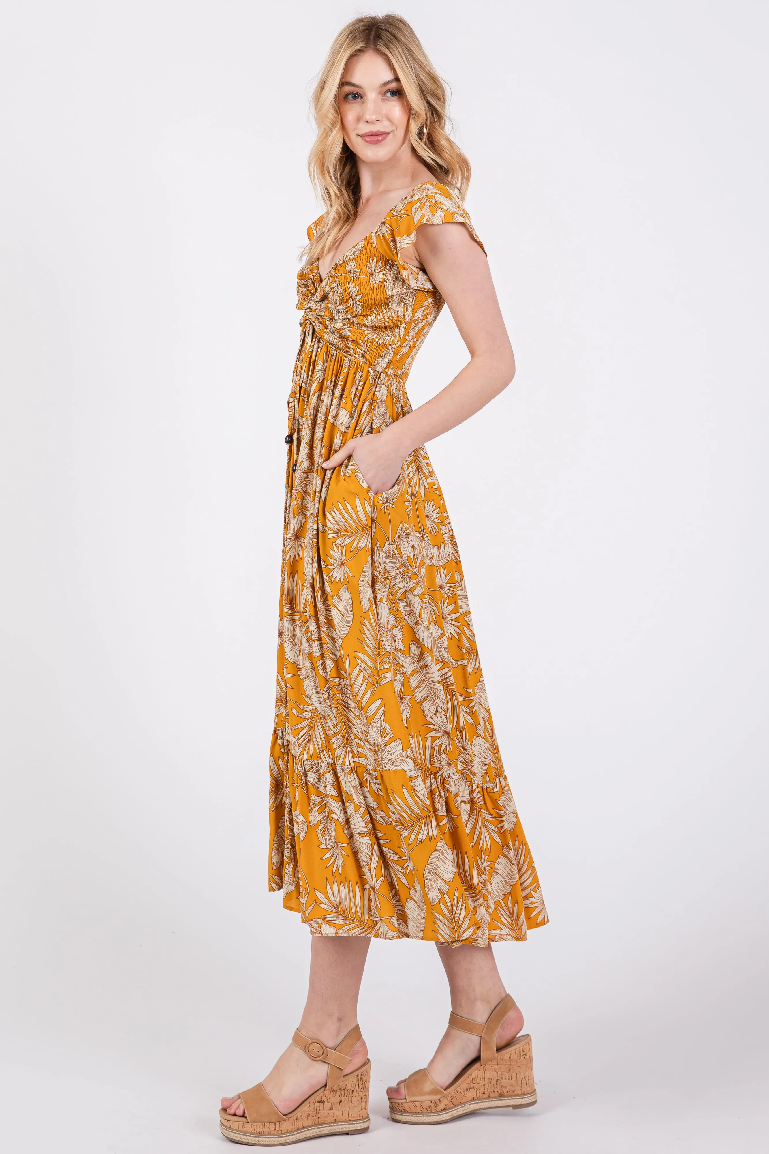 Yellow Tropical Print Smocked Short Sleeve Maxi Dress sold by Pinkblush product image thumbnail 2