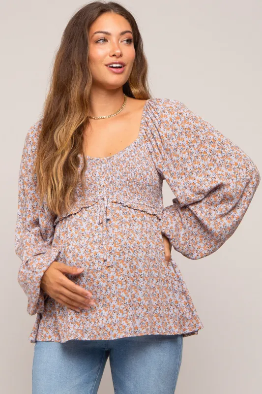 Rust Floral Smocked Front Tie Long Sleeve Maternity Top sold by Pinkblush