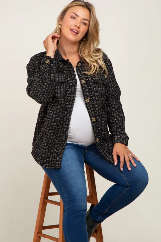 Black Tweed Front Pocket Maternity Plus Shacket sold by Pinkblush