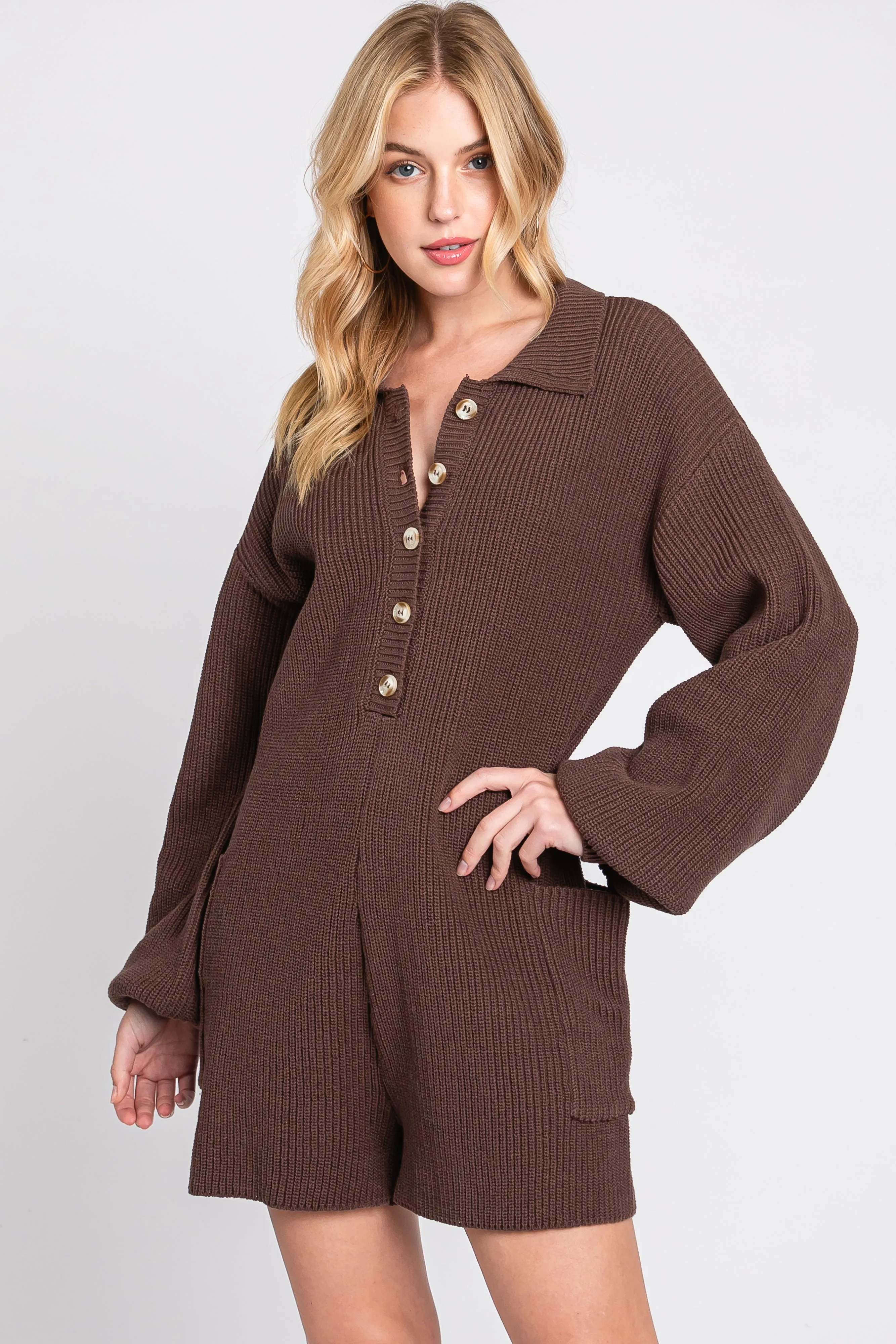 Brown Button Down Maternity Sweater Romper sold by Pinkblush product image thumbnail 5