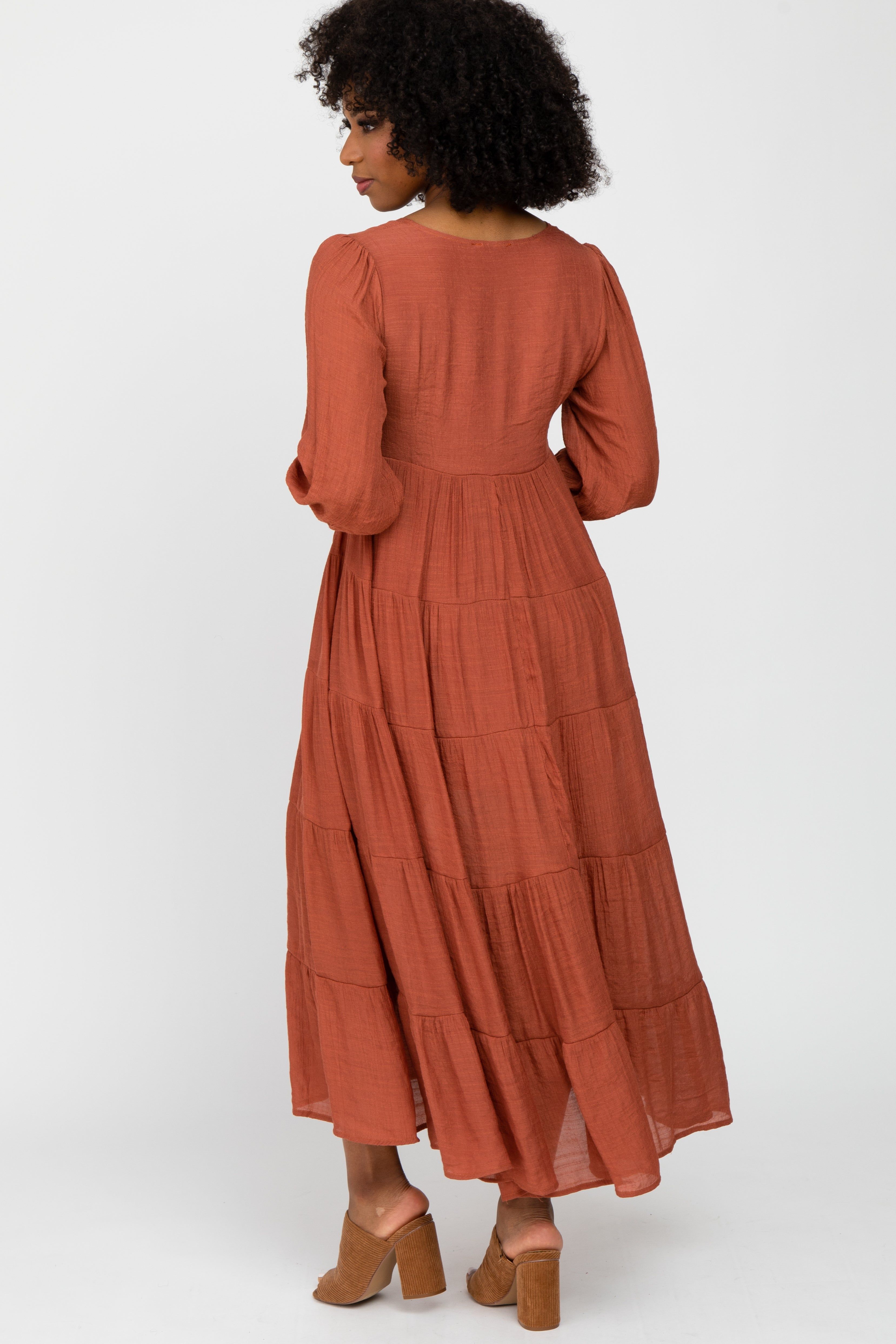 Rust Button Front Tiered Maxi Dress sold by Pinkblush product image thumbnail 3