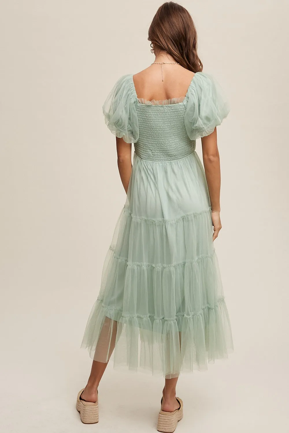 Mint Green Smocked Tiered Tulle Midi Dress sold by Pinkblush product image thumbnail 3