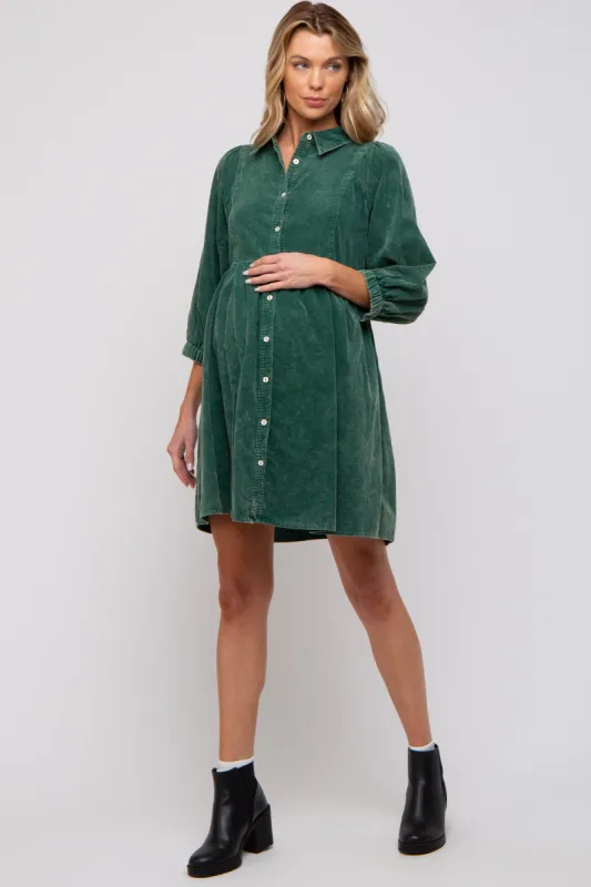 Green Corduroy Button Down Collared Maternity Dress sold by Pinkblush