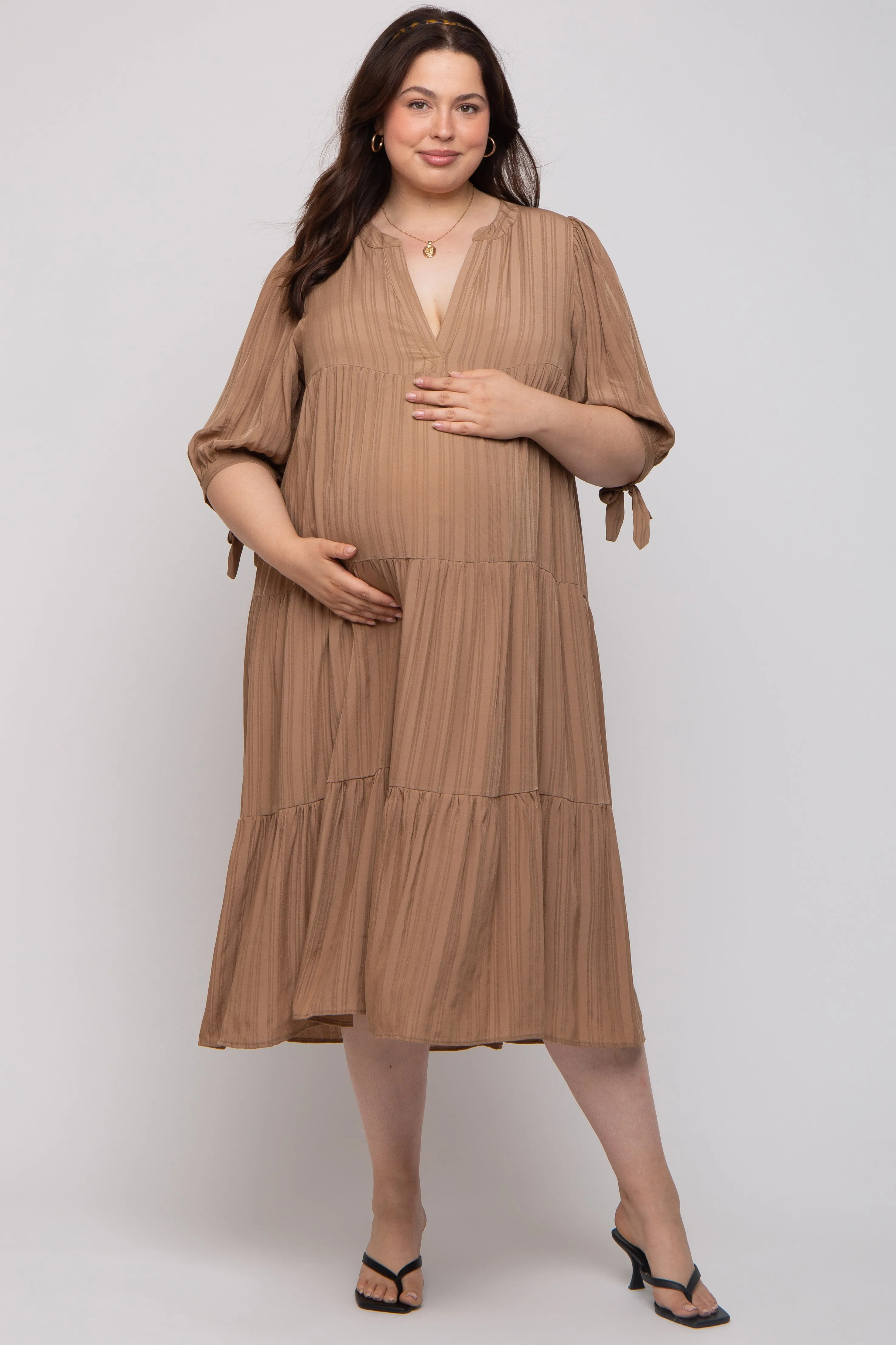 Camel Striped Tiered Maternity Plus Midi Dress sold by Pinkblush