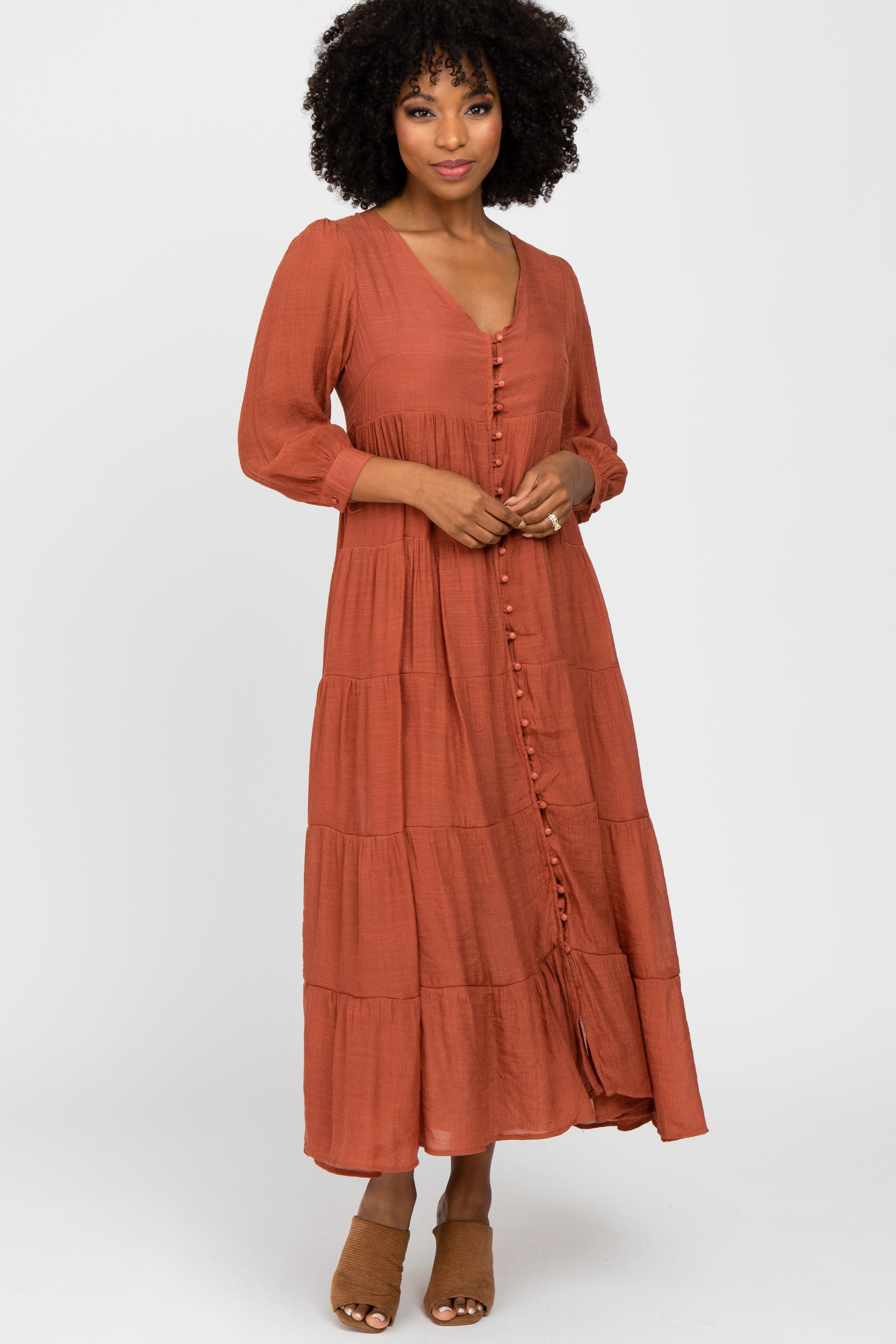 Rust Button Front Tiered Maxi Dress sold by Pinkblush
