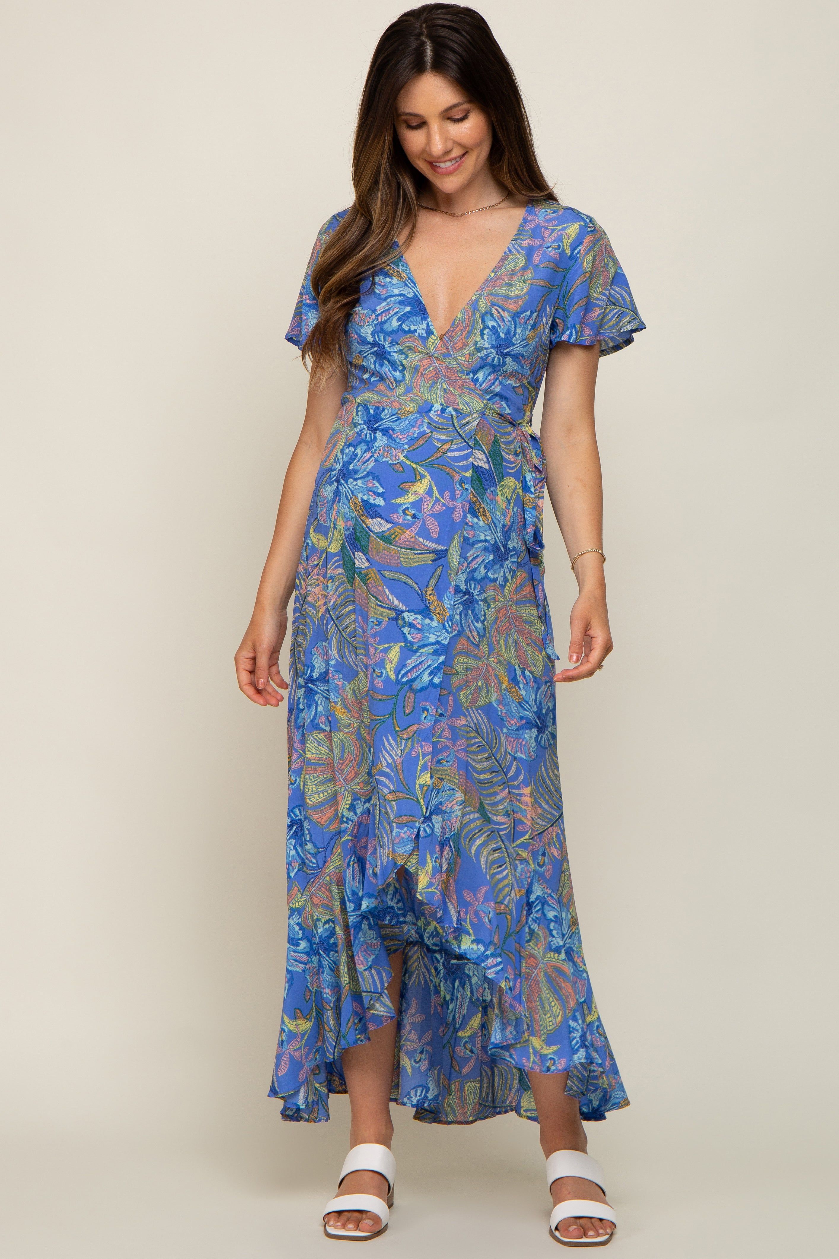 Blue Leaf Print Wrap Maternity Maxi Dress sold by Pinkblush product image thumbnail 4