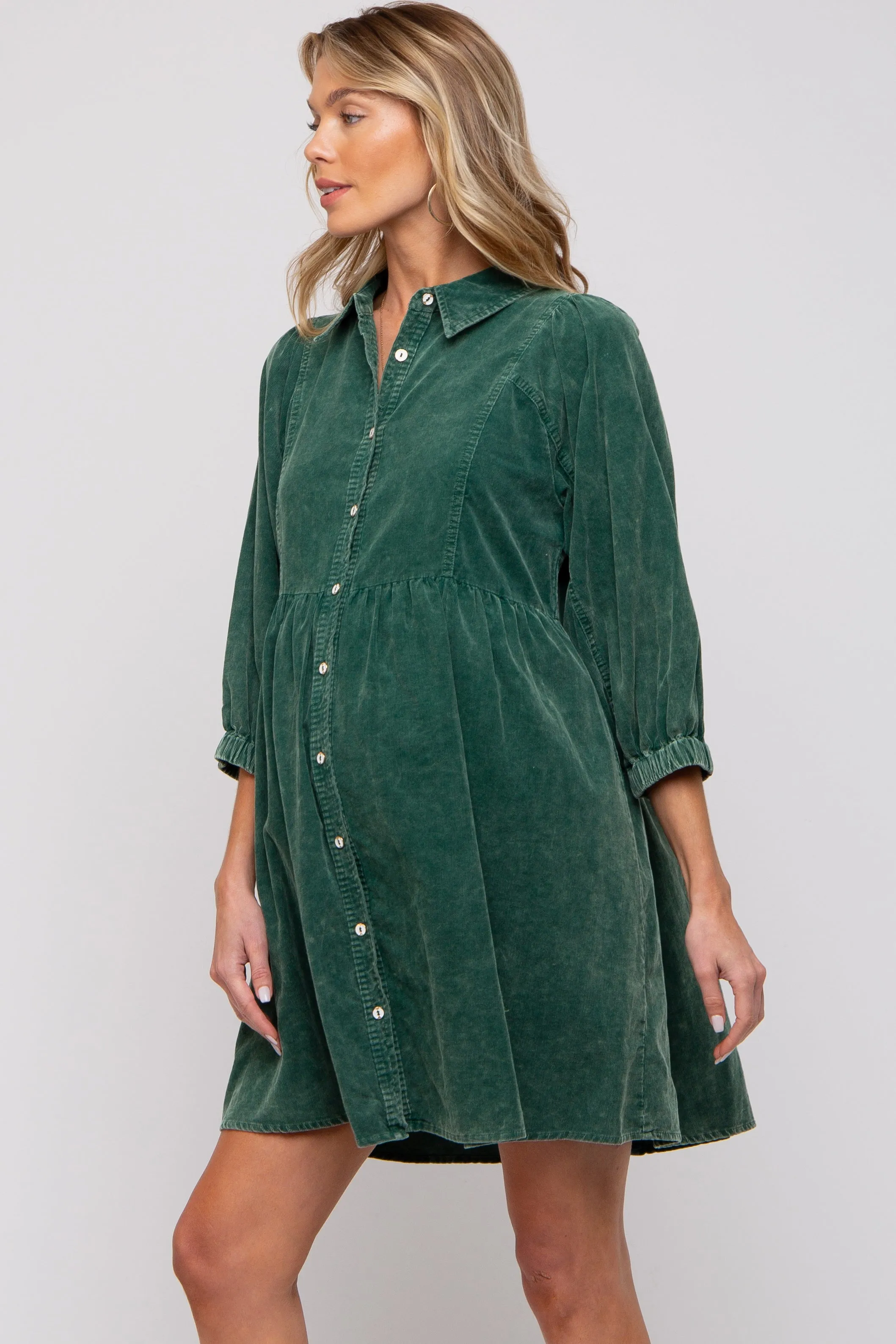 Green Corduroy Button Down Collared Maternity Dress sold by Pinkblush product image thumbnail 2