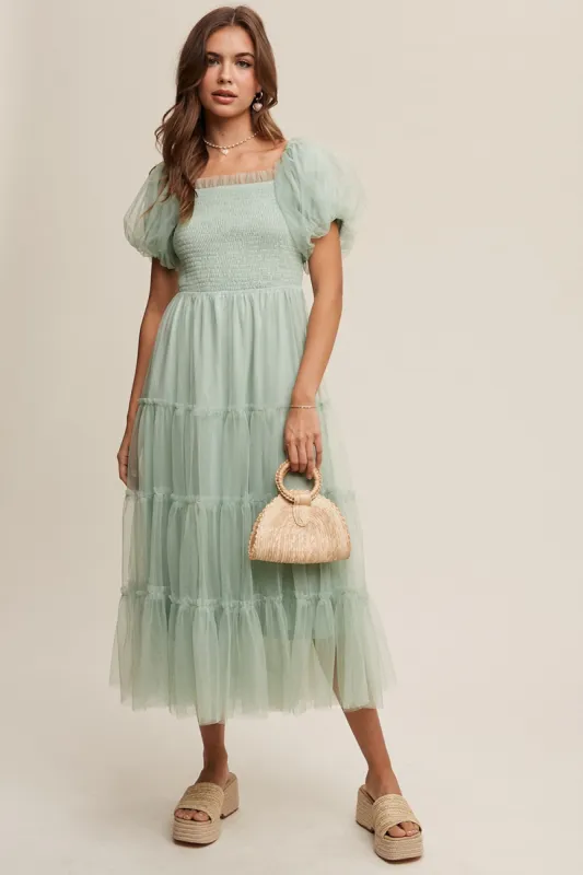 Mint Green Smocked Tiered Tulle Midi Dress sold by Pinkblush