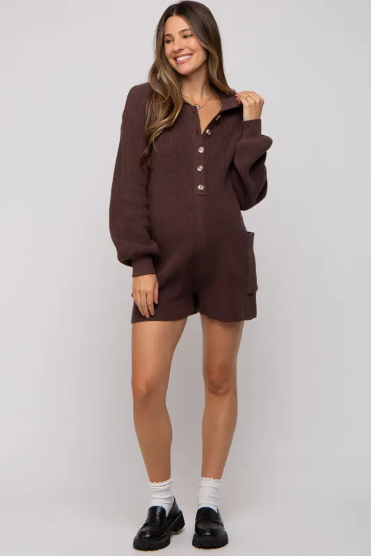 Brown Button Down Maternity Sweater Romper sold by Pinkblush