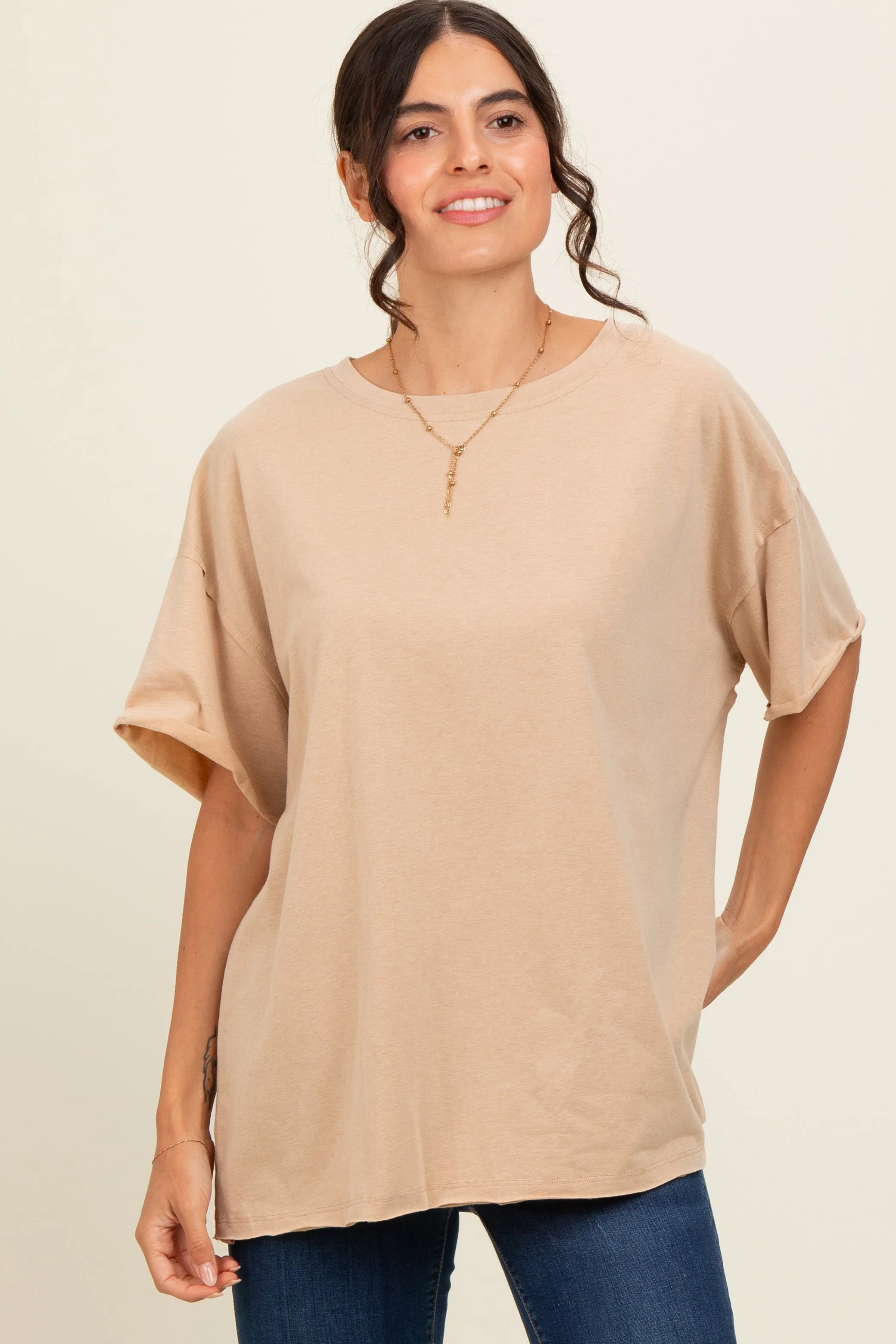 Taupe Raw Rolled Hem Top sold by Pinkblush product image thumbnail 2
