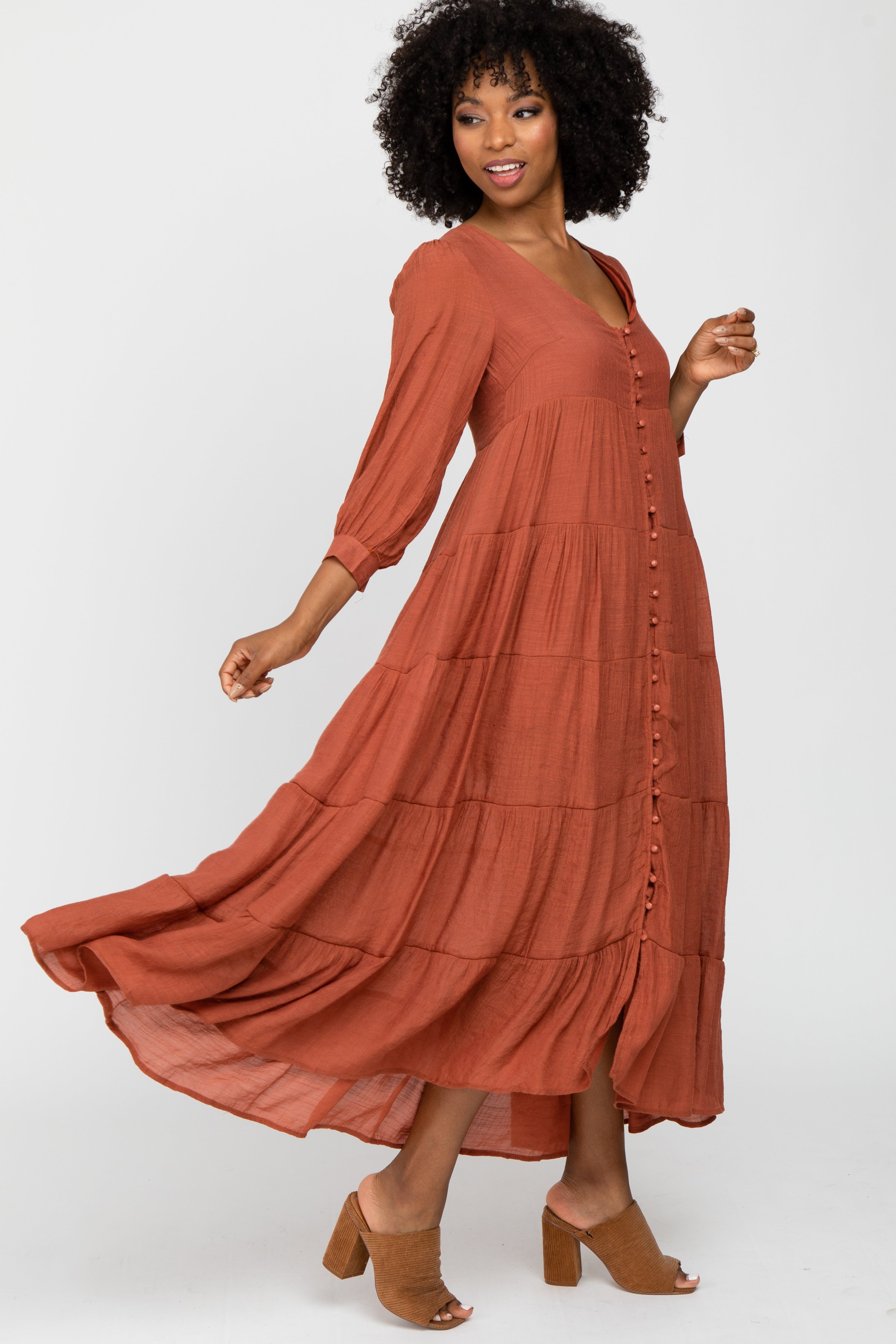 Rust Button Front Tiered Maxi Dress sold by Pinkblush product image thumbnail 2