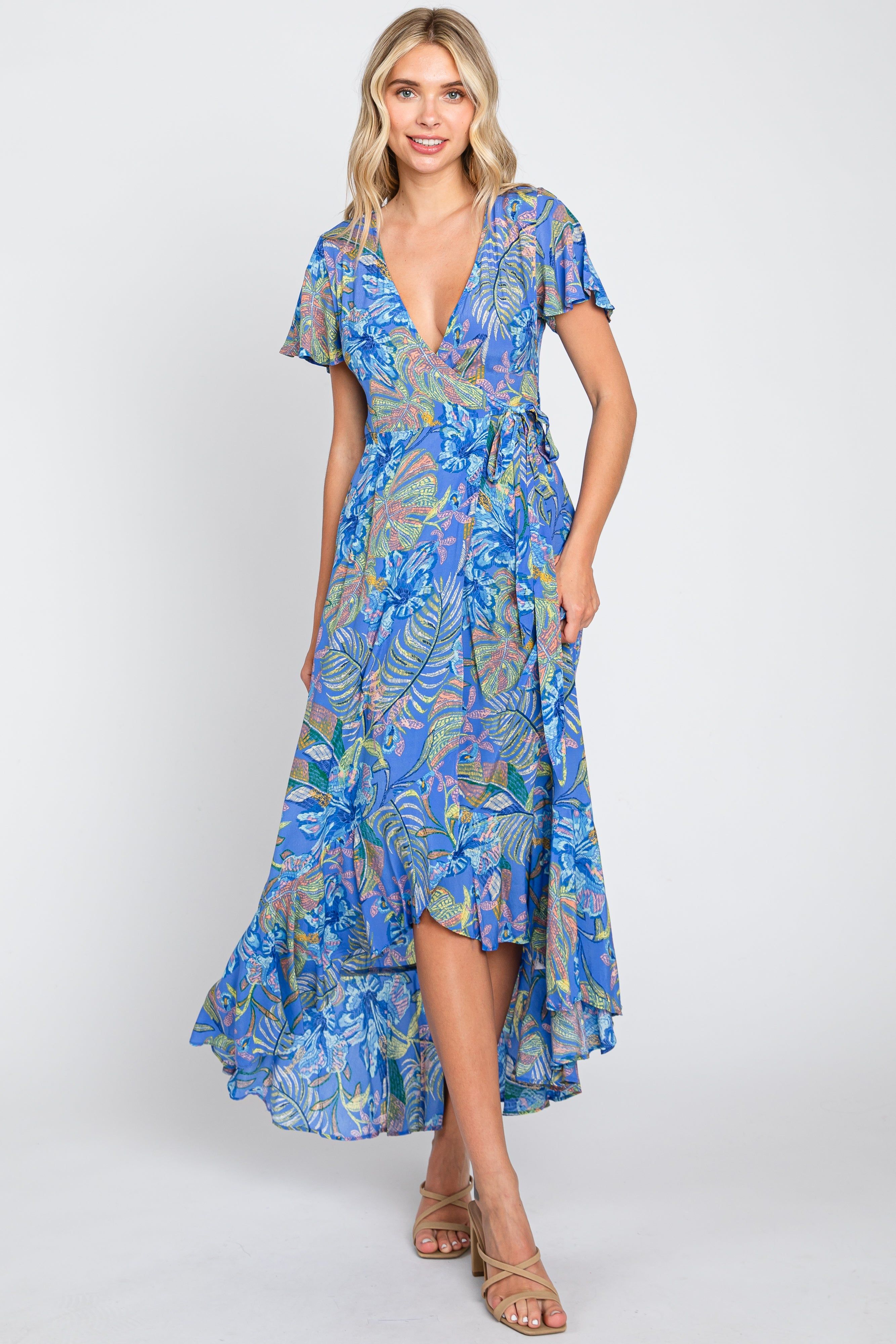 Blue Leaf Print Wrap Maternity Maxi Dress sold by Pinkblush product image thumbnail 5