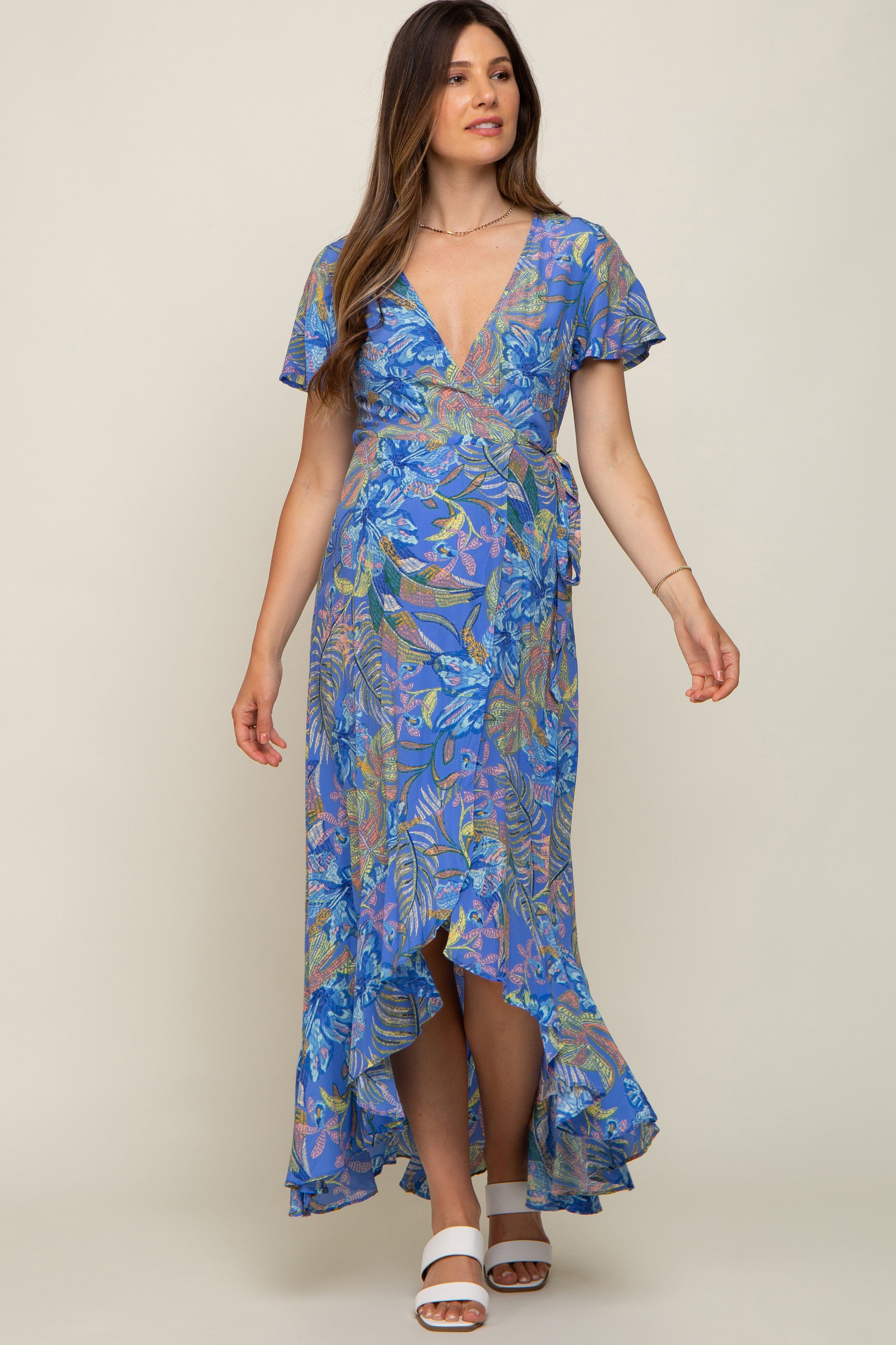 Blue Leaf Print Wrap Maternity Maxi Dress sold by Pinkblush product image thumbnail 2