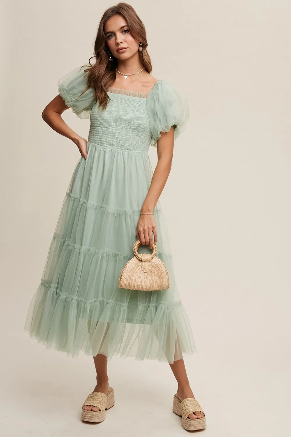Mint Green Smocked Tiered Tulle Midi Dress sold by Pinkblush product image thumbnail 2