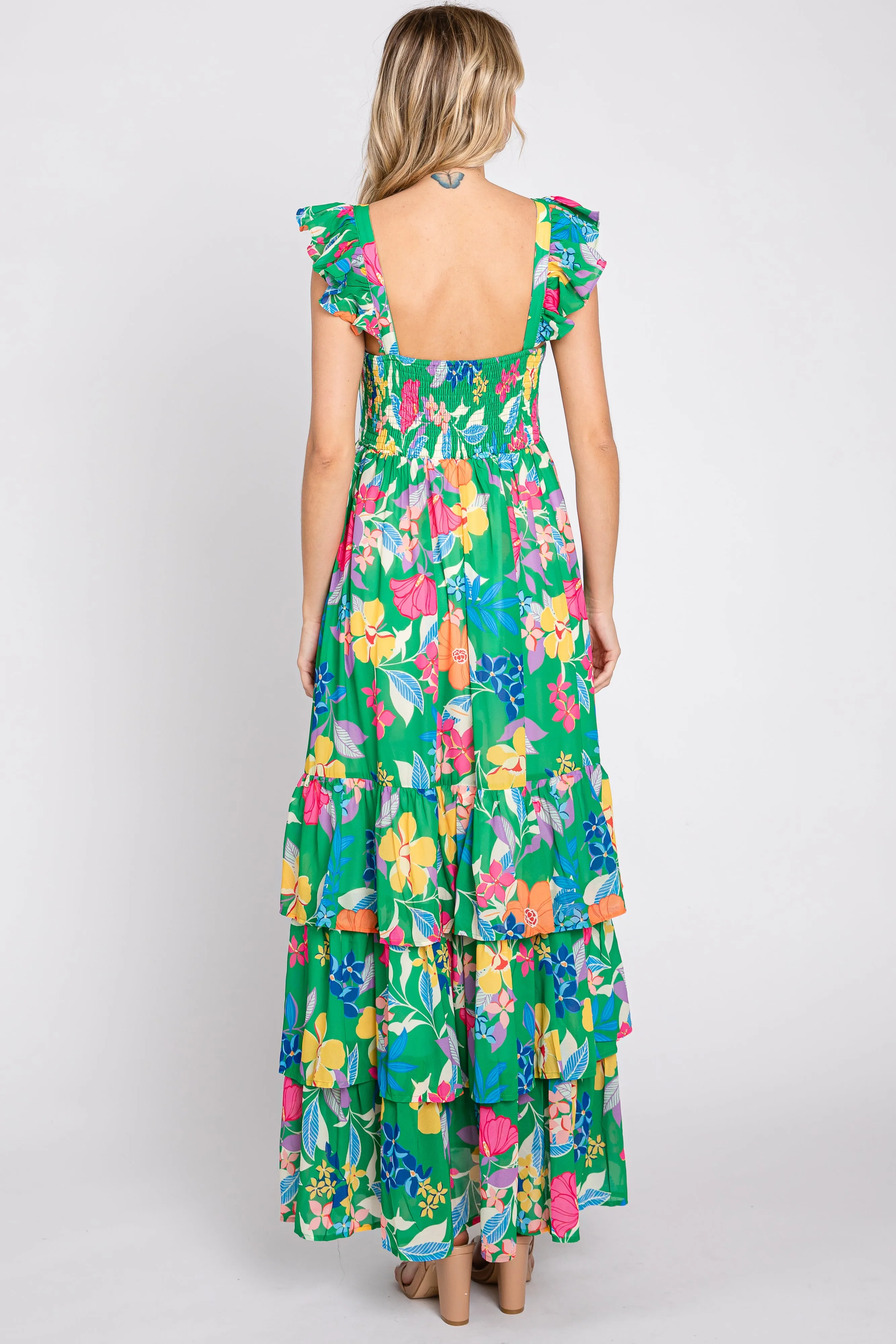 Green Floral Chiffon Square Neck Ruffle Maxi Dress sold by Pinkblush product image thumbnail 3