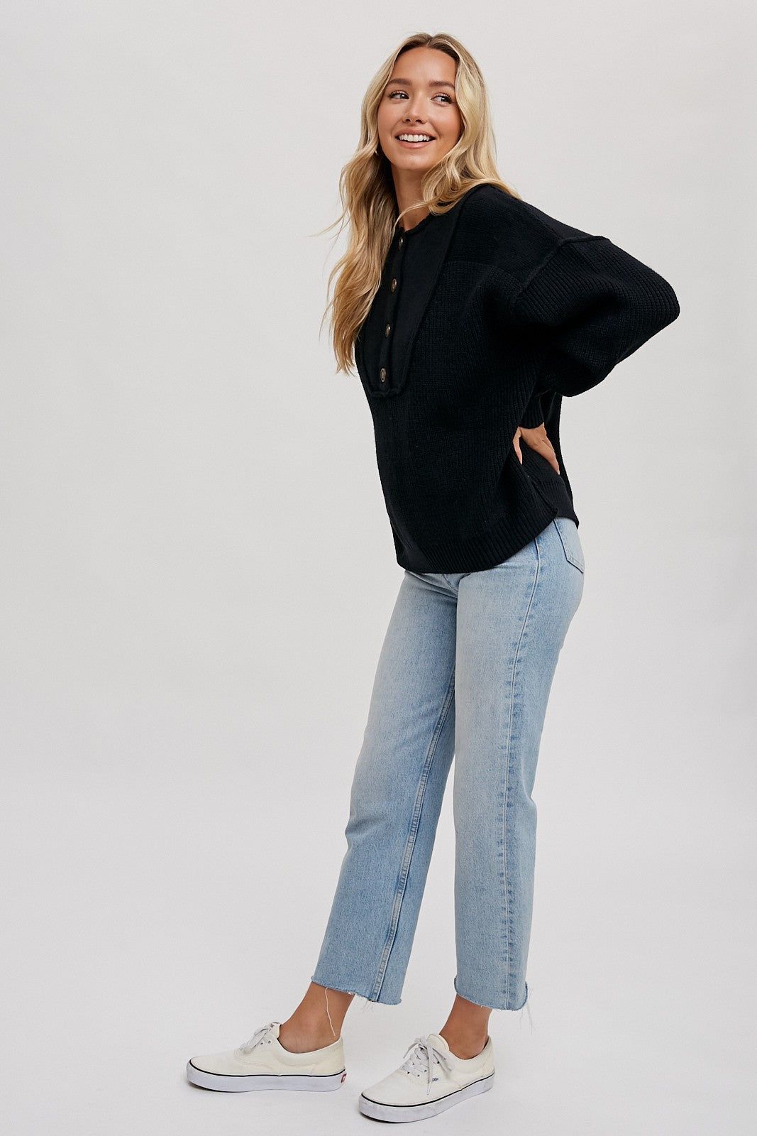 Black Half Button Up Sweater sold by Pinkblush product image thumbnail 3