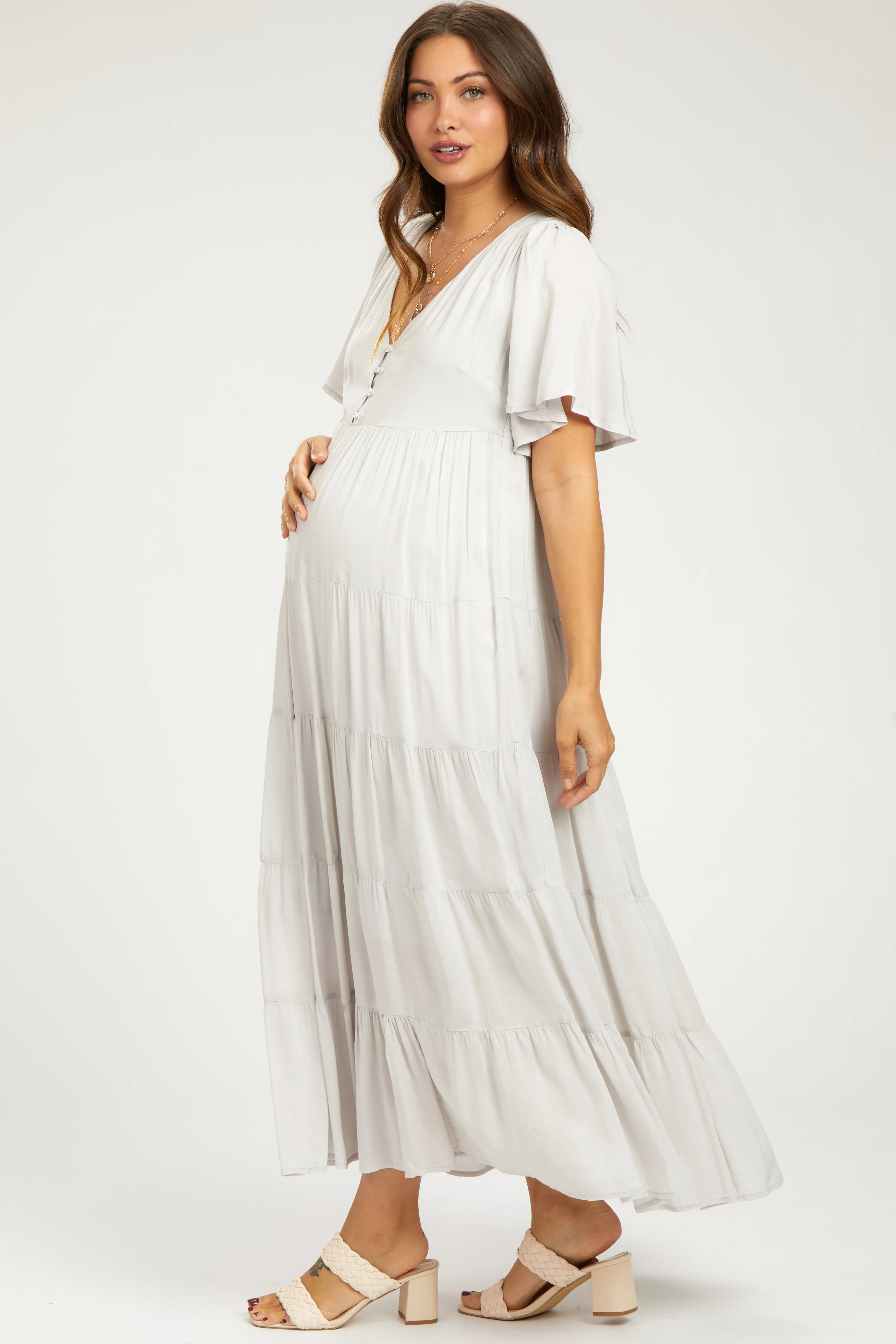 Grey Button Detail Tiered Maternity Maxi Dress sold by Pinkblush product image thumbnail 3