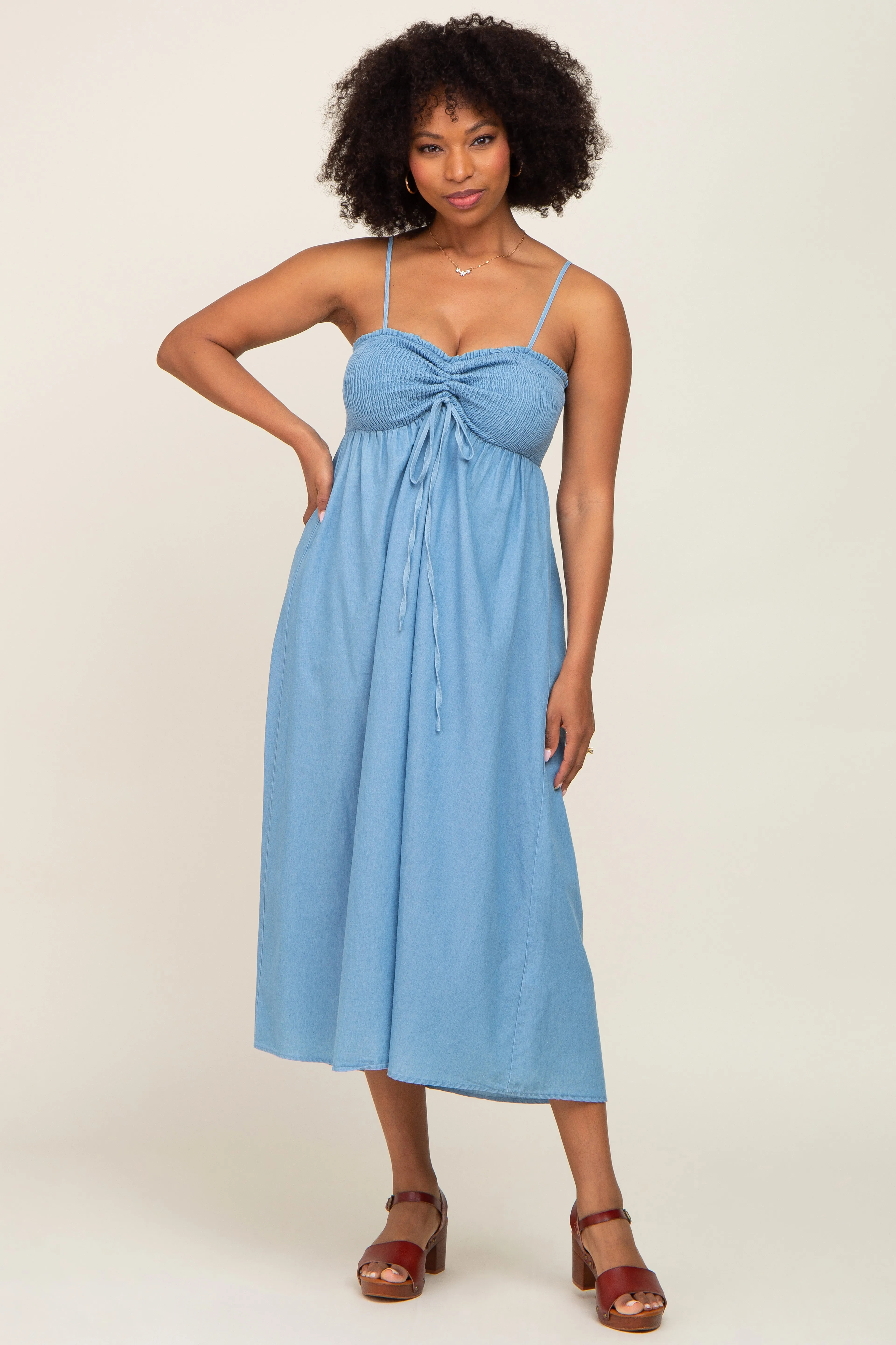 Blue Chambray Cinched Smocked Midi Dress sold by Pinkblush product image thumbnail 4
