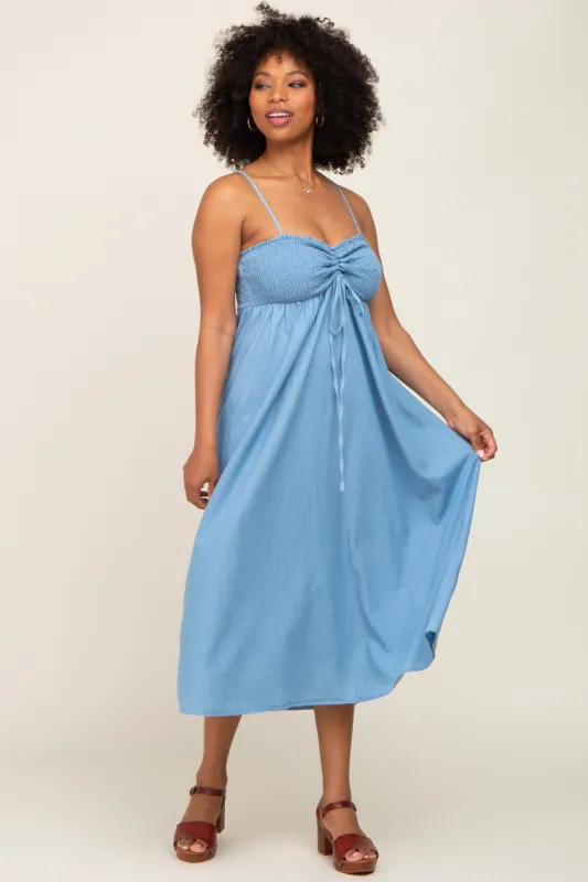 Blue Chambray Cinched Smocked Midi Dress sold by Pinkblush