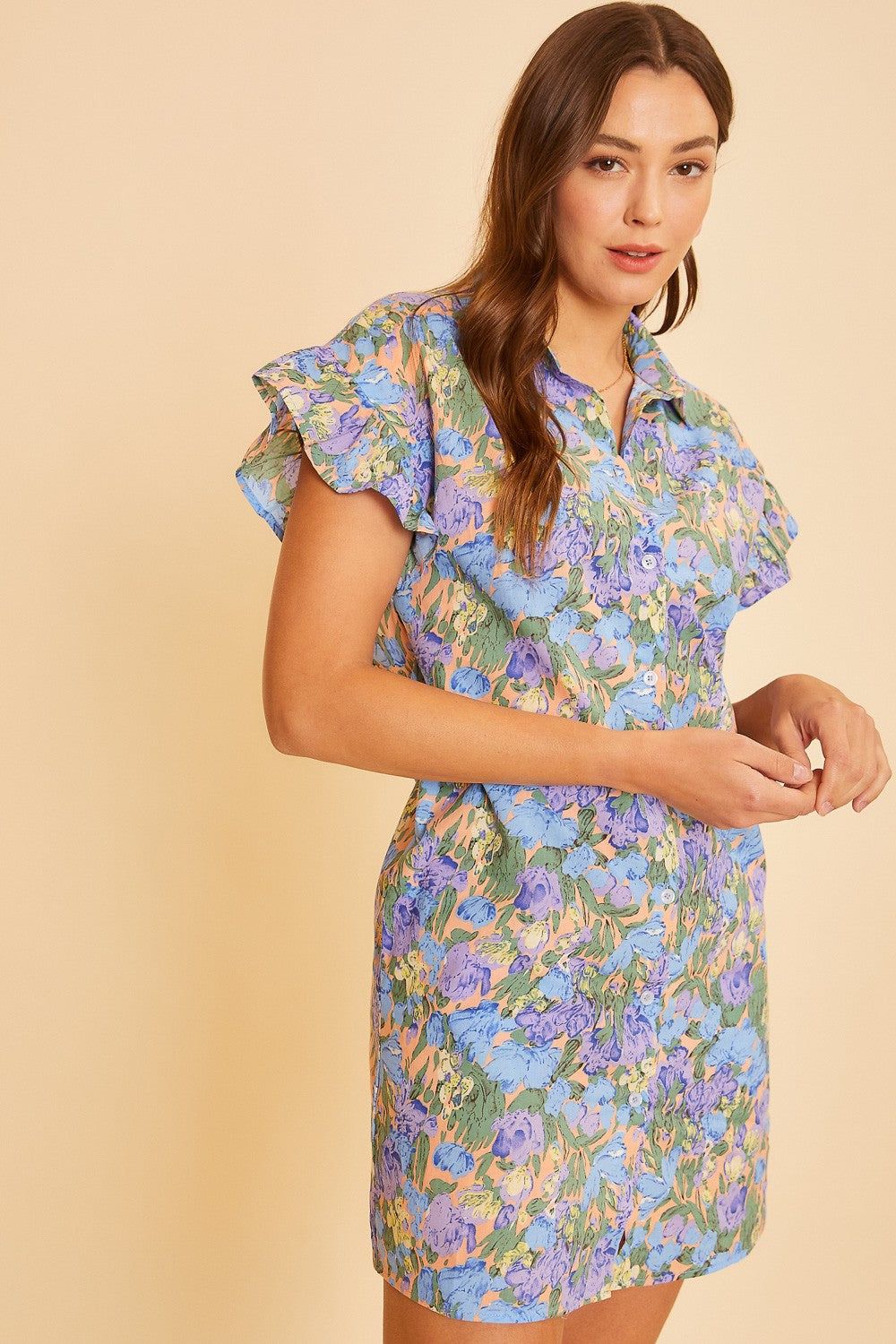 Blue Multi Floral Printed Frill Sleeve Shirt Mini Dress sold by Pinkblush product image thumbnail 2