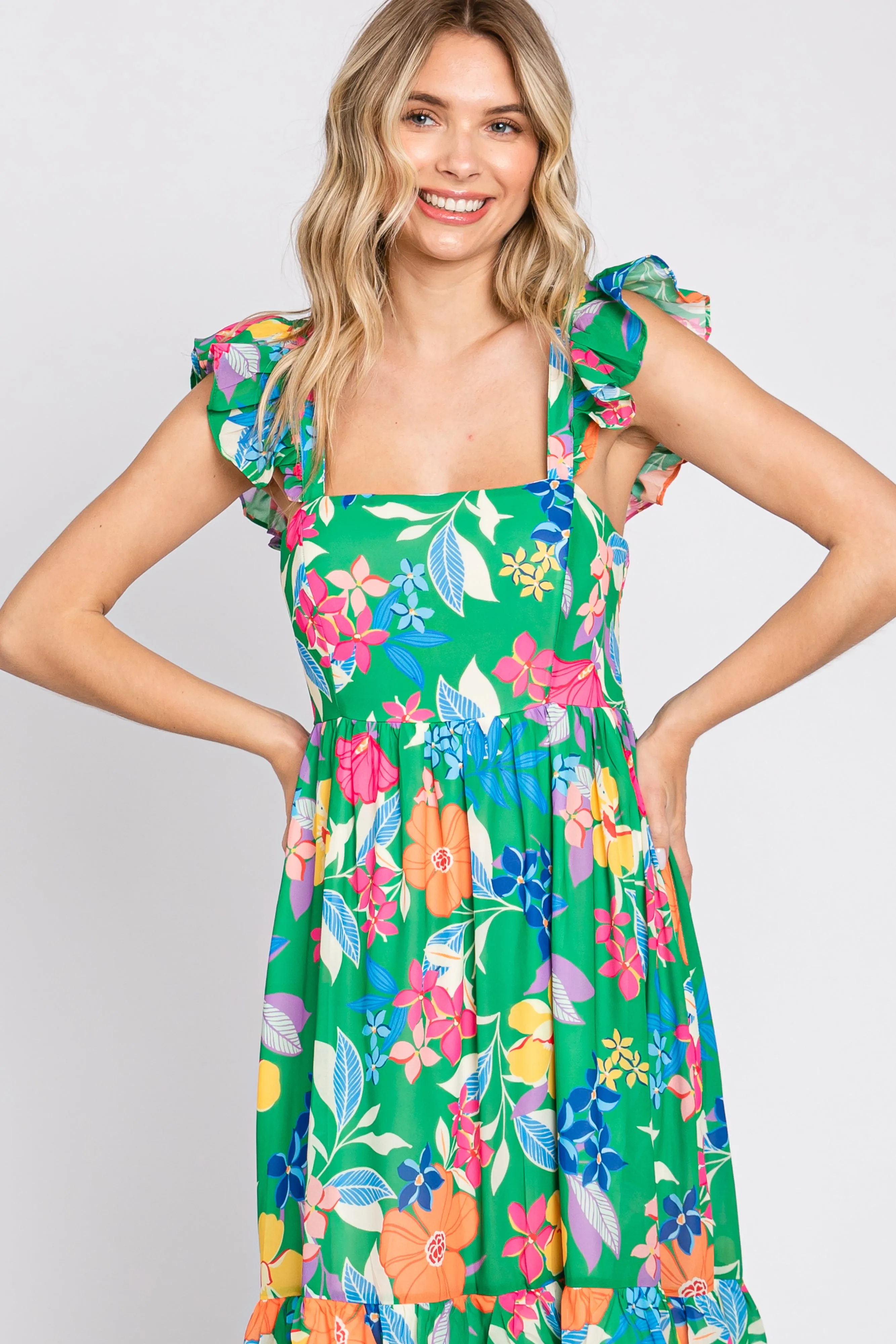 Green Floral Chiffon Square Neck Ruffle Maxi Dress sold by Pinkblush product image thumbnail 4